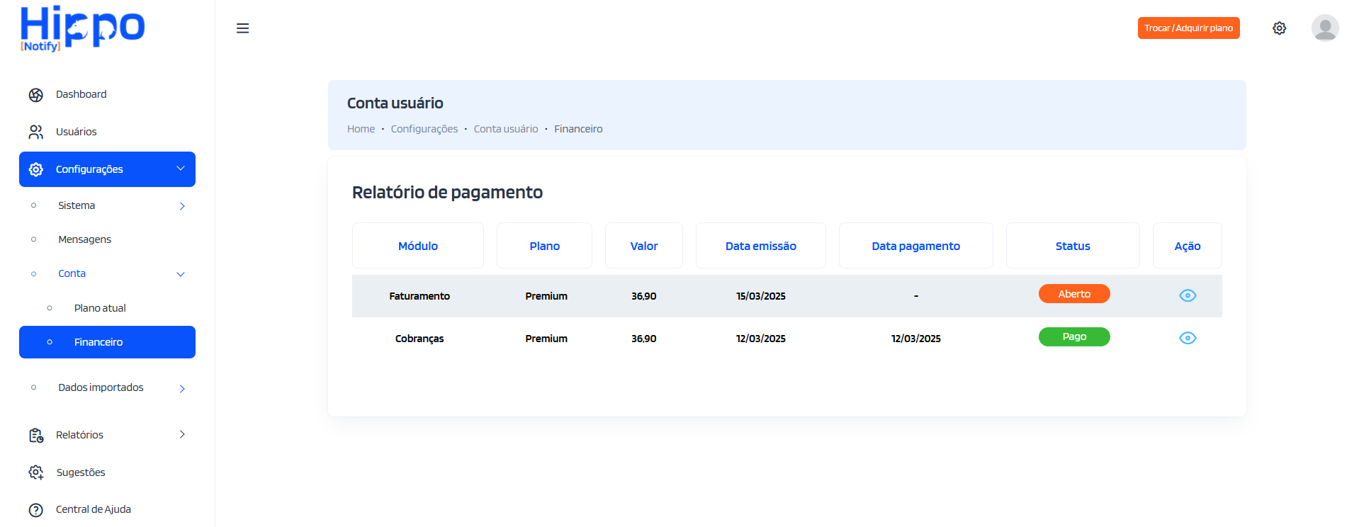 Tela do relatório financeiro