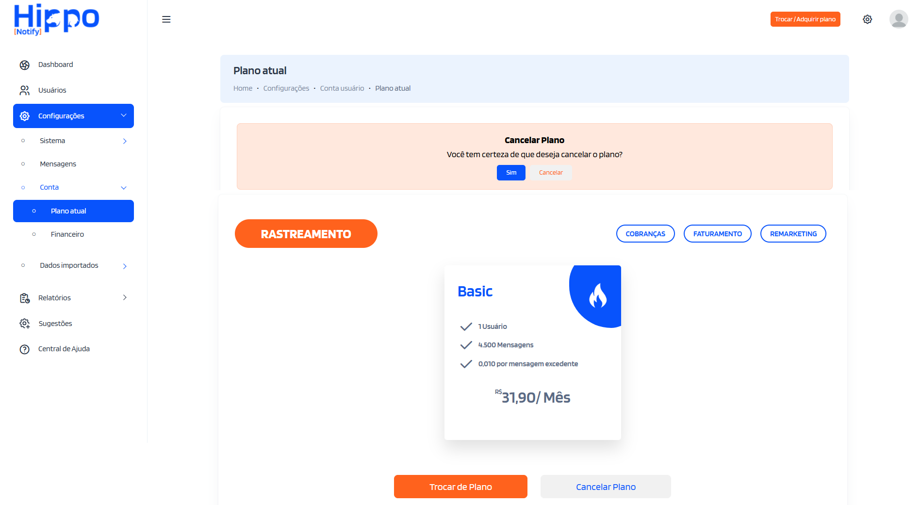 Mensagem de confirmação de cancelamento do plano