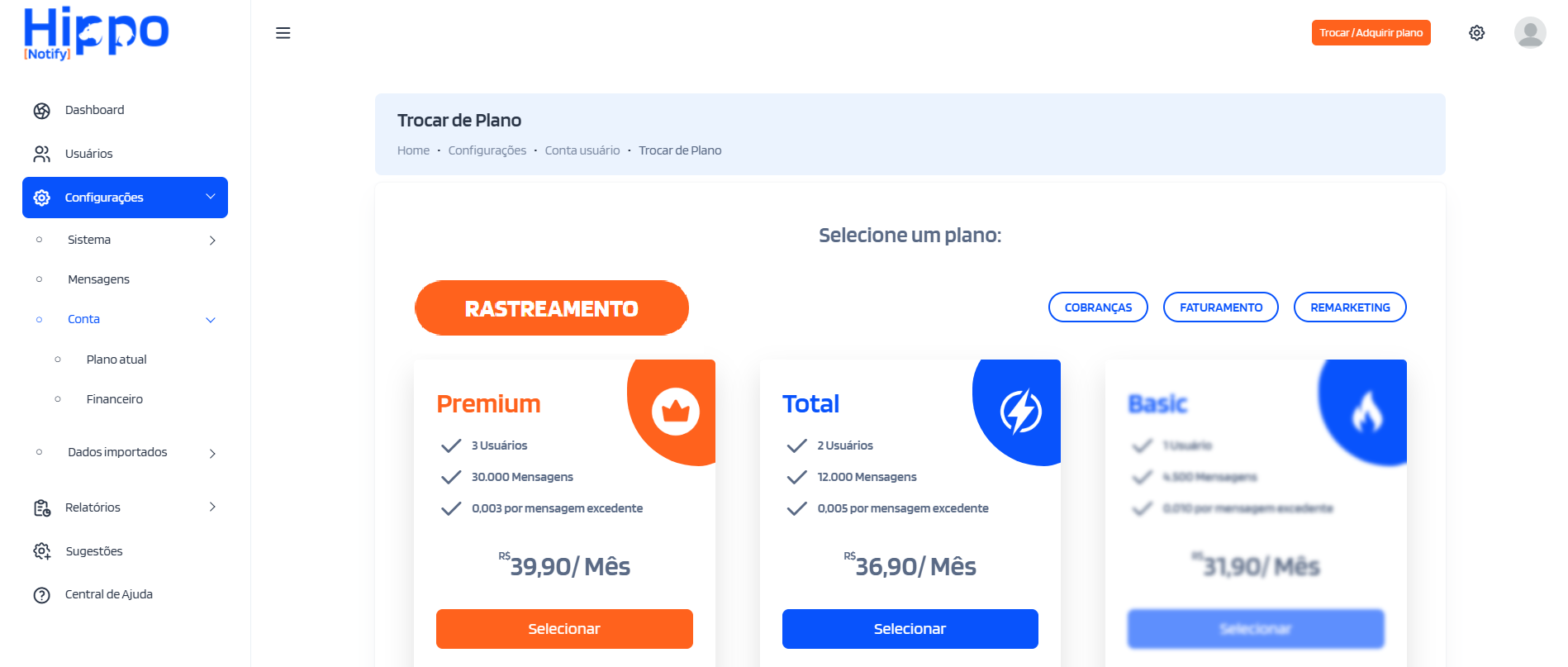Tela de trocar de plano