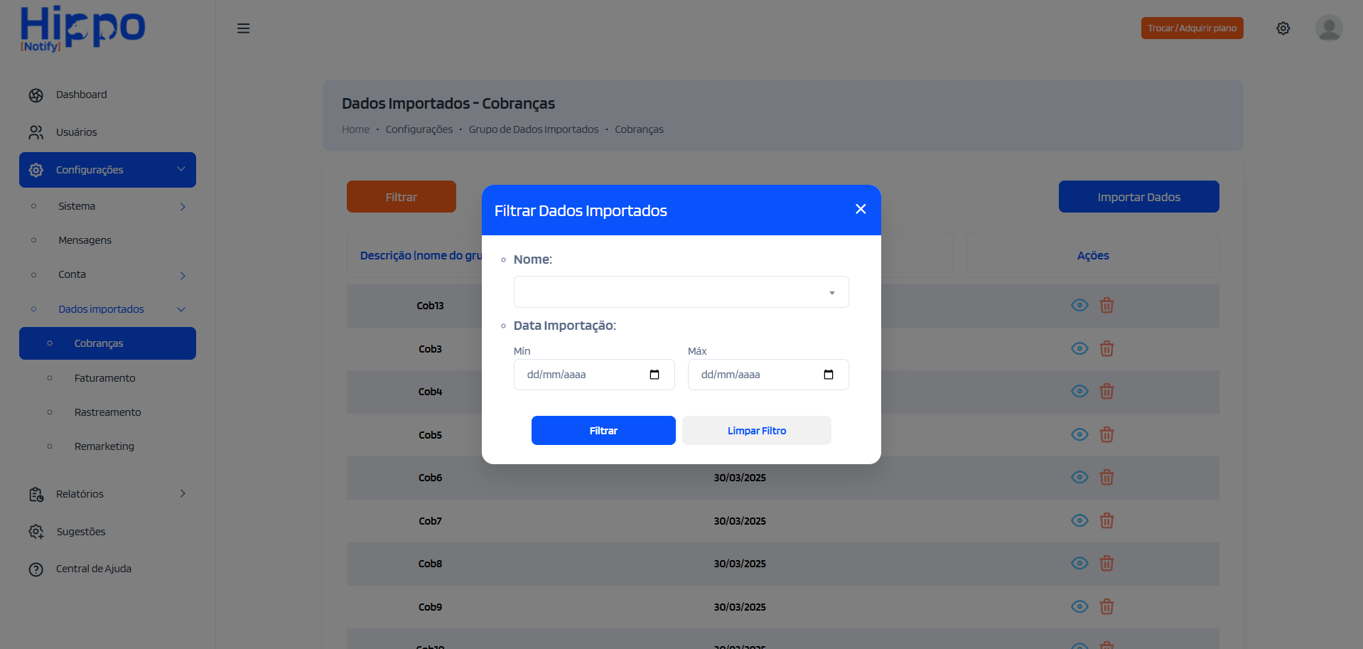 Janela de filtros para o relatório