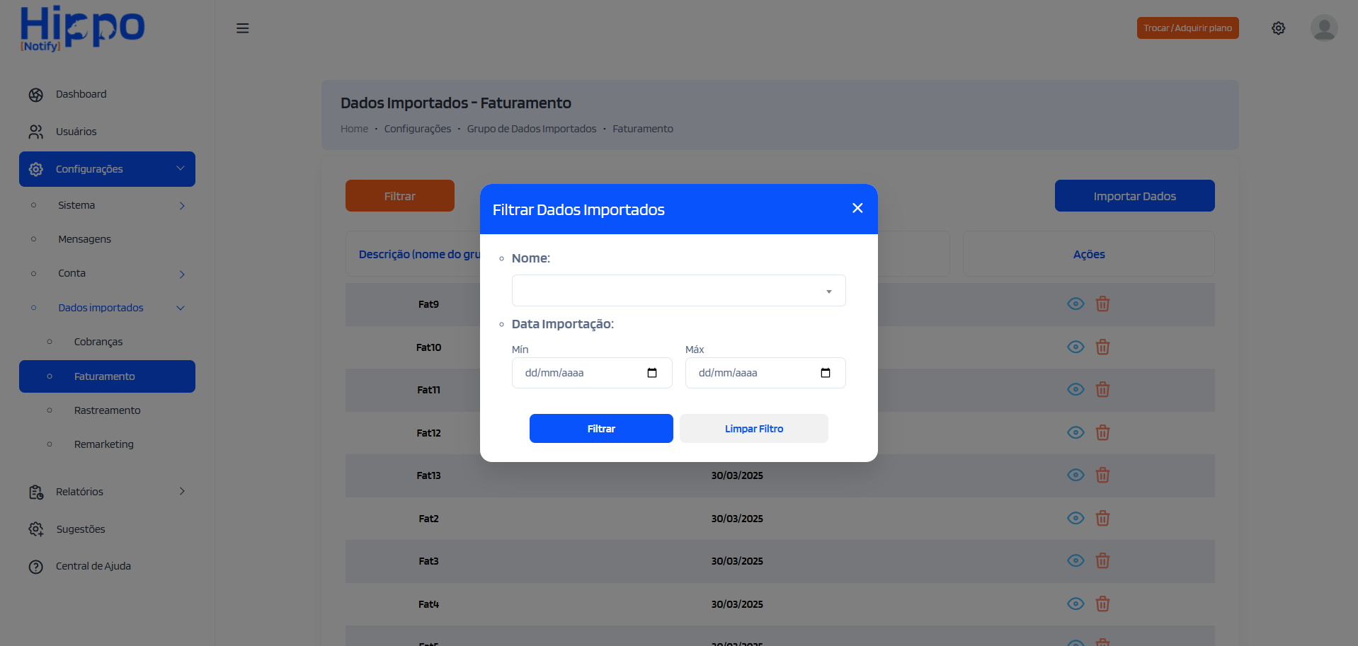 Janela de filtros para o relatório