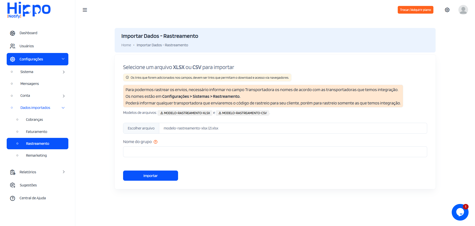 Tela de importação com arquivo selecionado