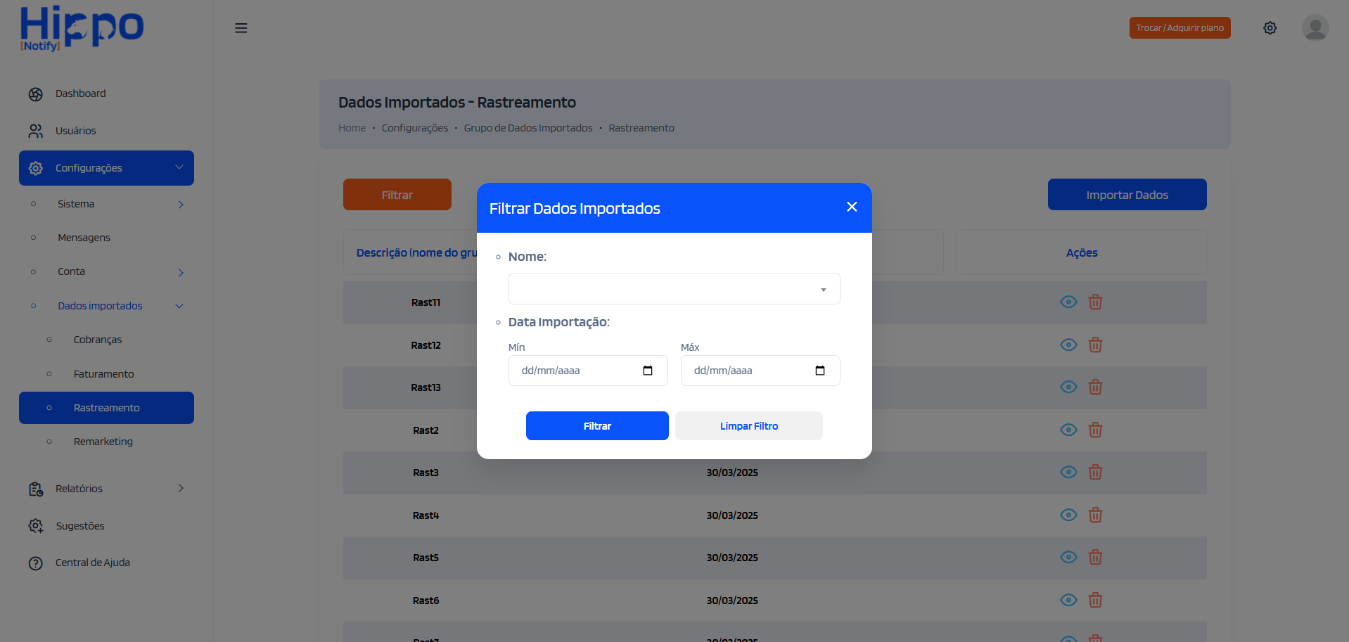 Janela de filtros para o relatório