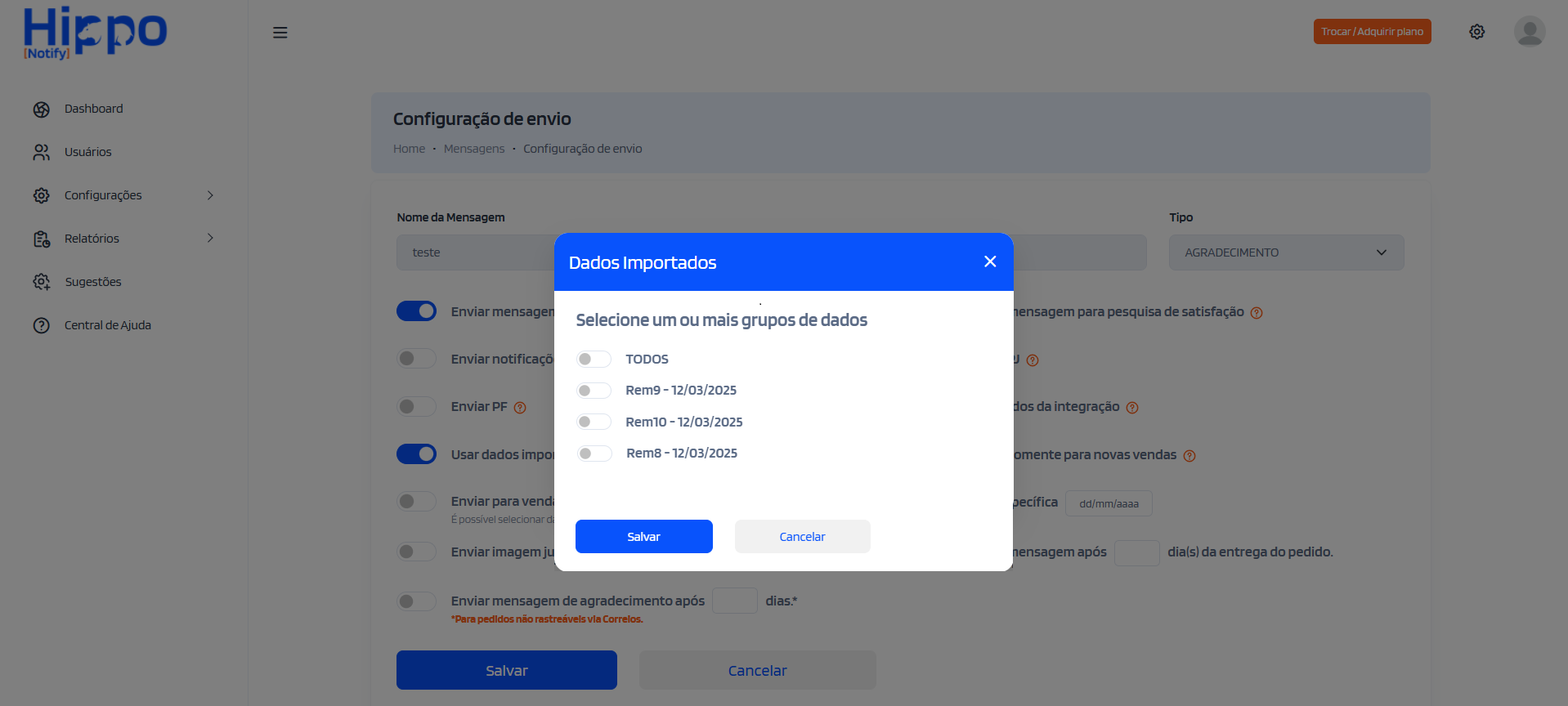 Janela de configurar os dados importados para notificações