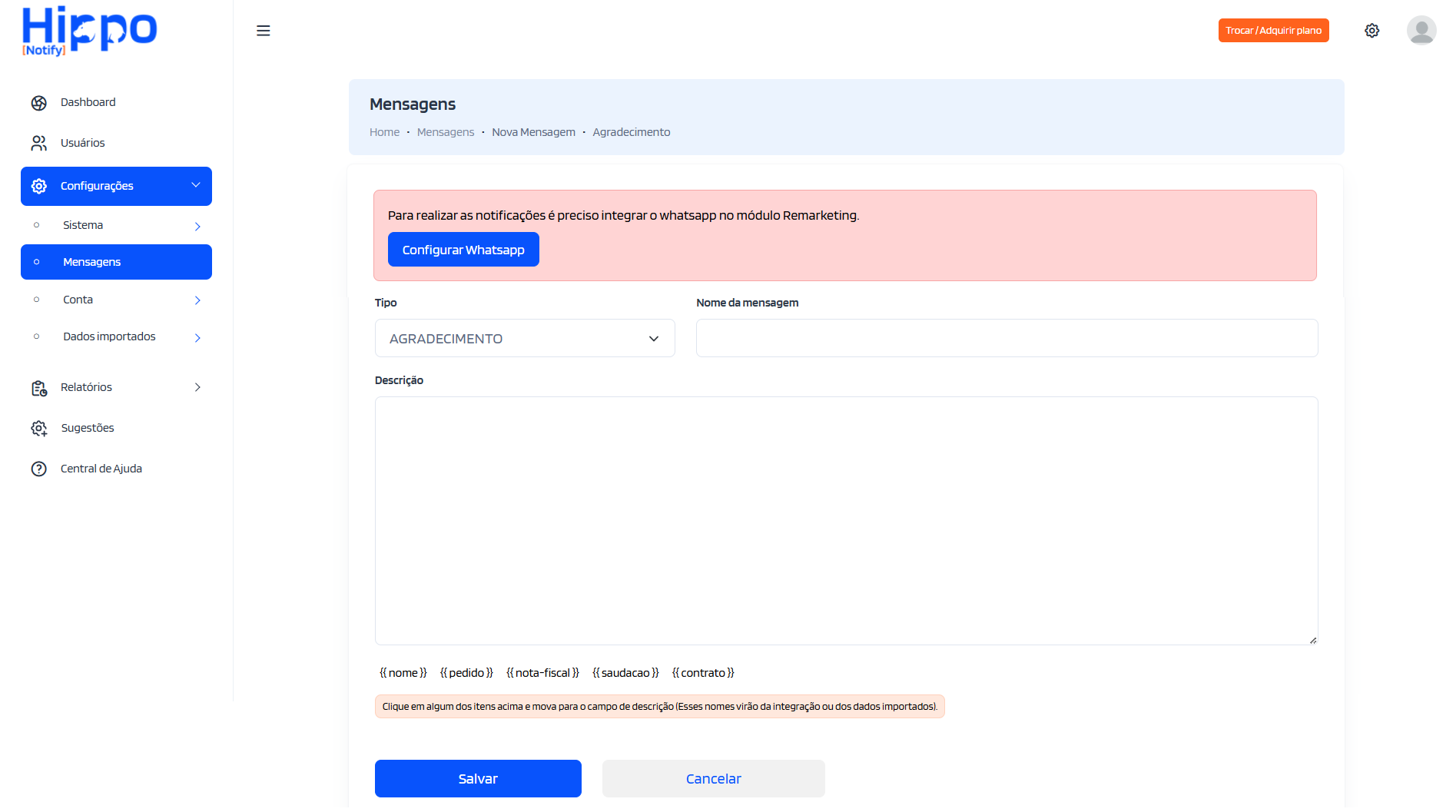 Tela de cadastro da mensagem do tipo agradecimento com erro whatsapp