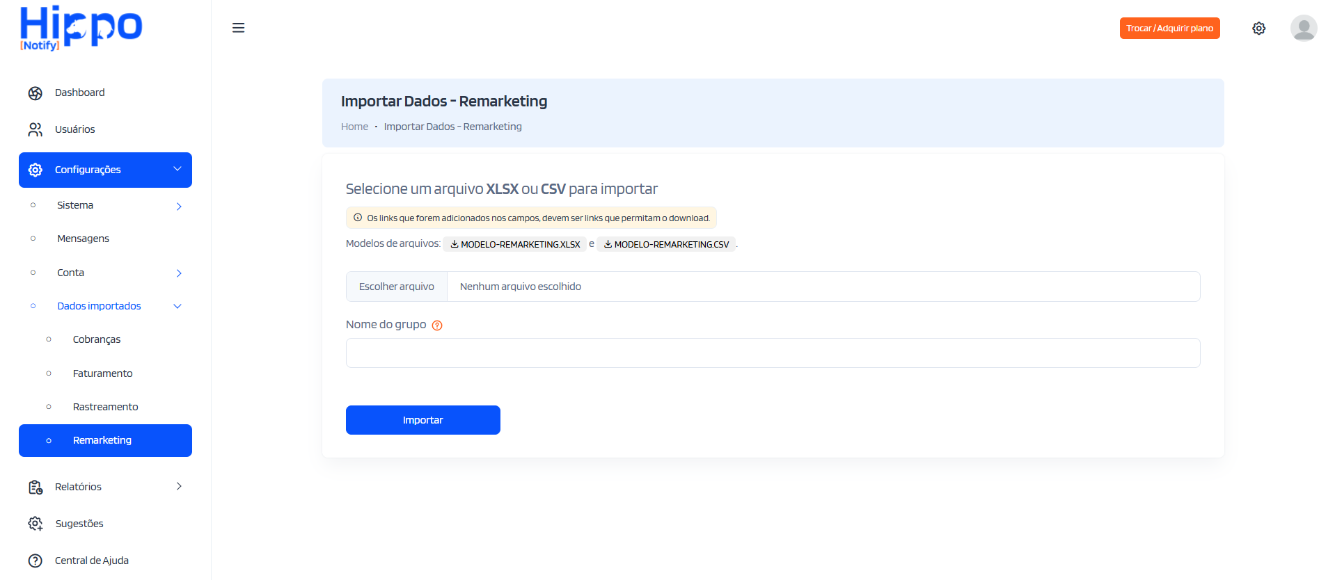 Tela para importar arquivos de dados