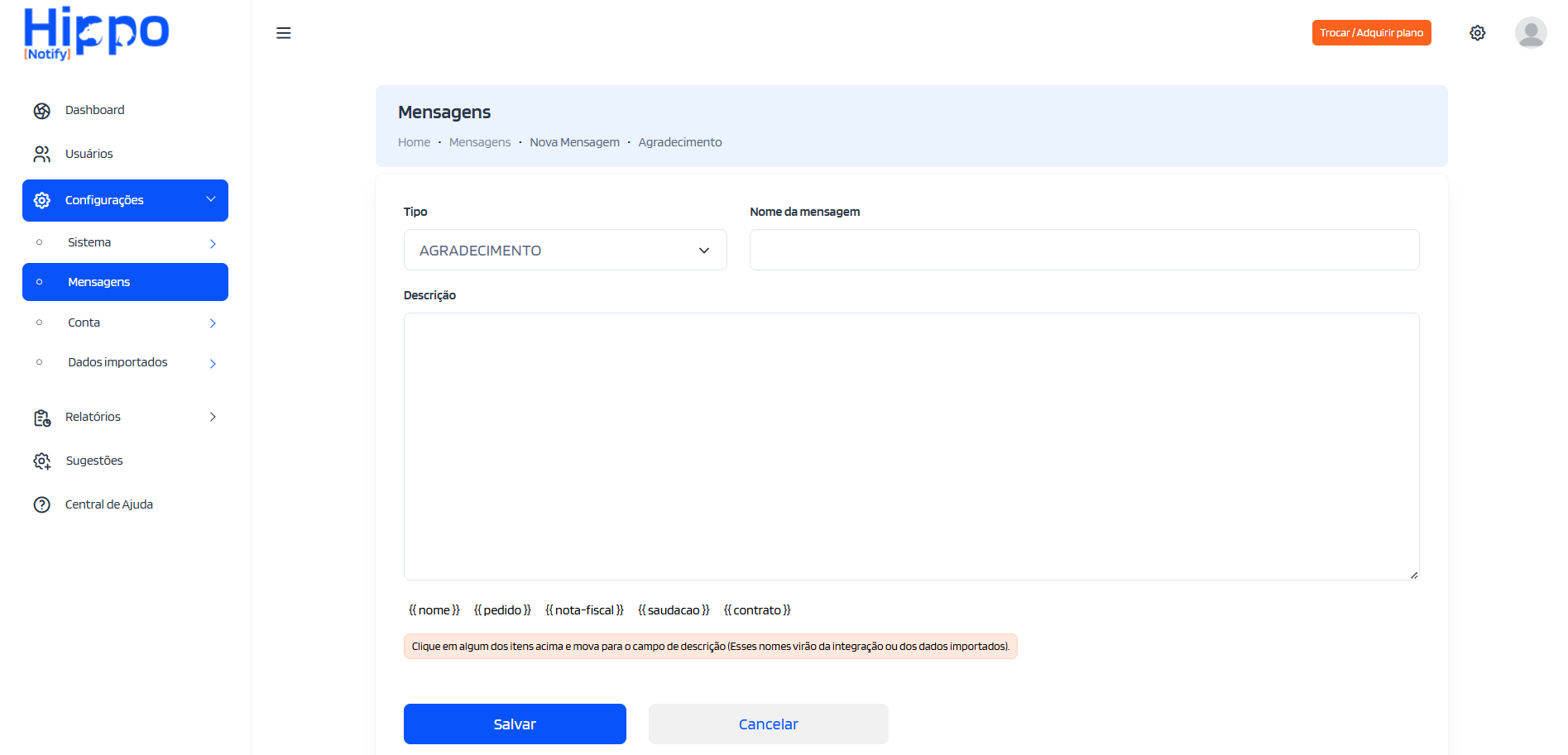 Tela de cadastro da mensagem do tipo agradecimento