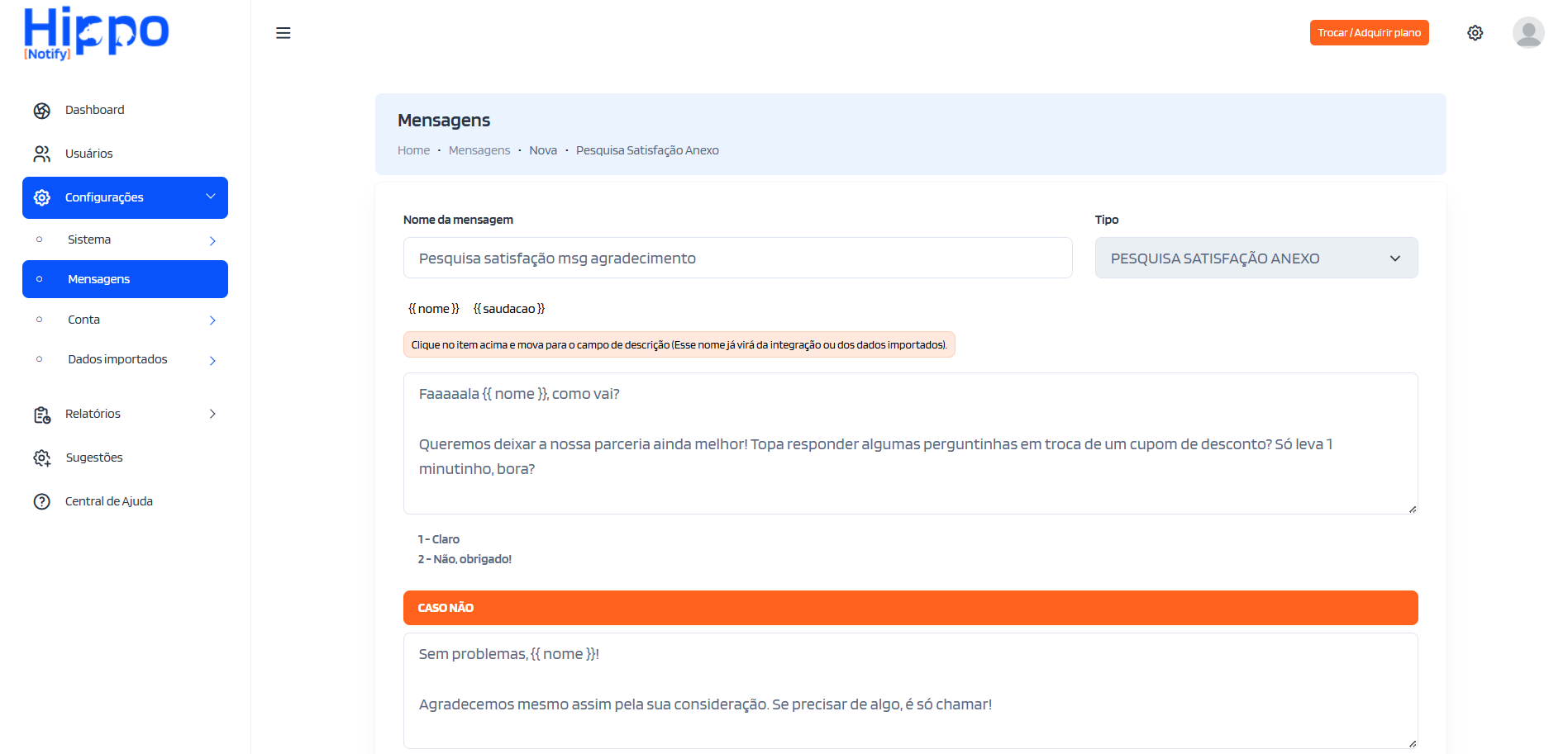 Tela de cadastro da mensagem de pesquisa de satisfação anexo