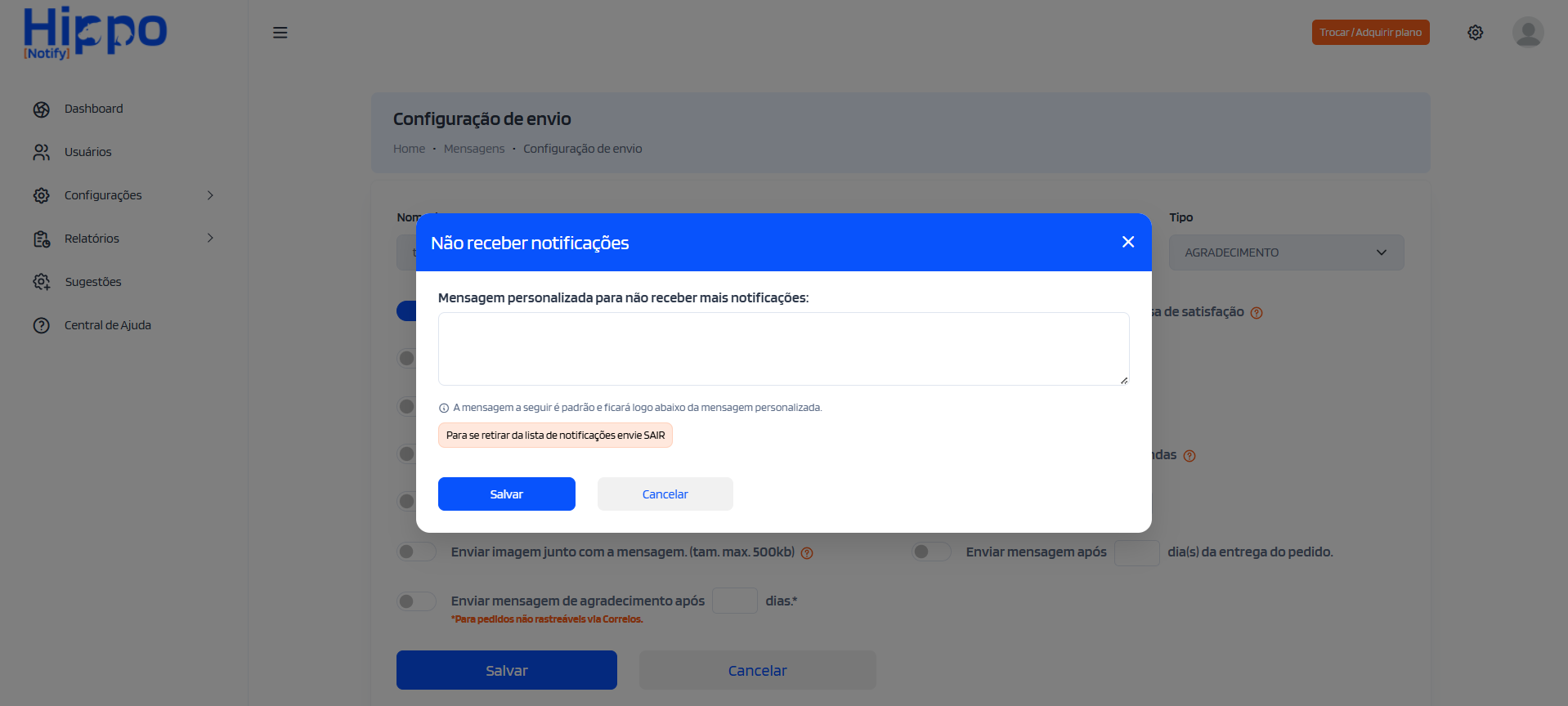 Janela para personalizar a mensagem de sair