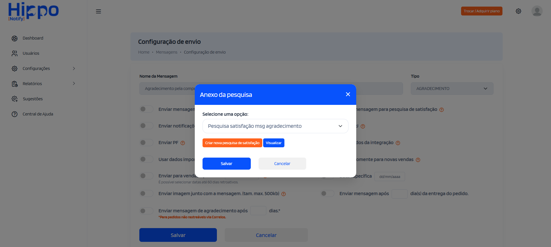 Janela para selecionar a mensagem de pesquisa de satisfação anexo