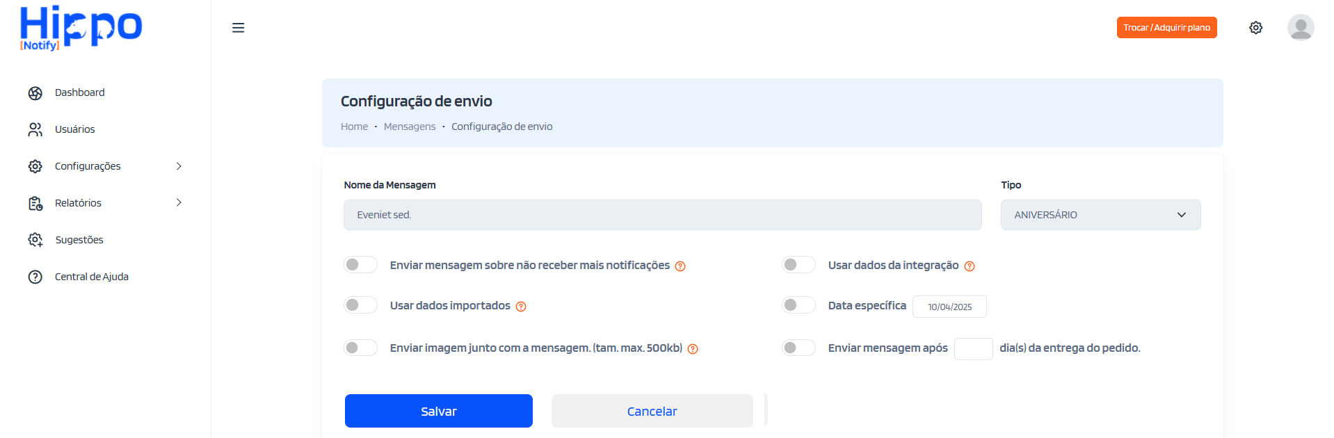 Tela de configurações de envio da mensagem aniversário