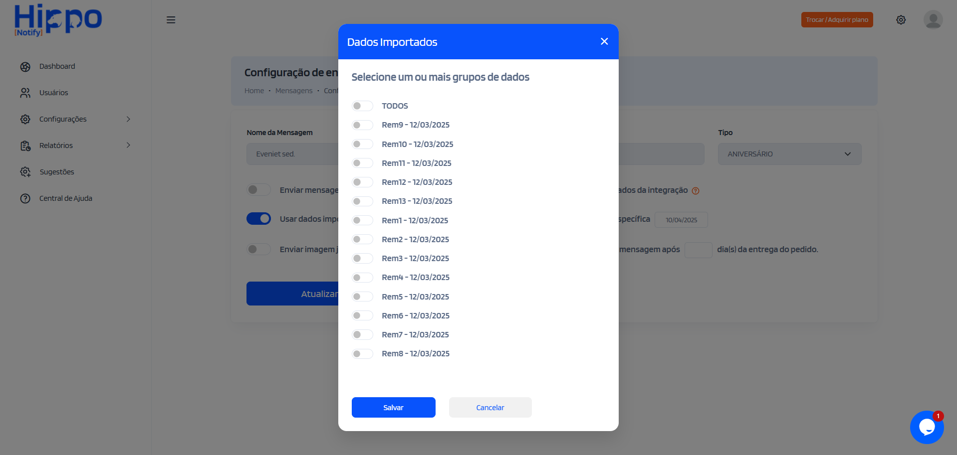 Janela para selecionar o(s) grupo(s) dados importados