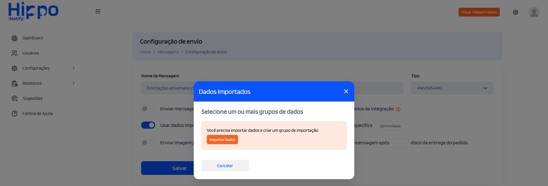 Janela solicitando importar dados para usar na configuração