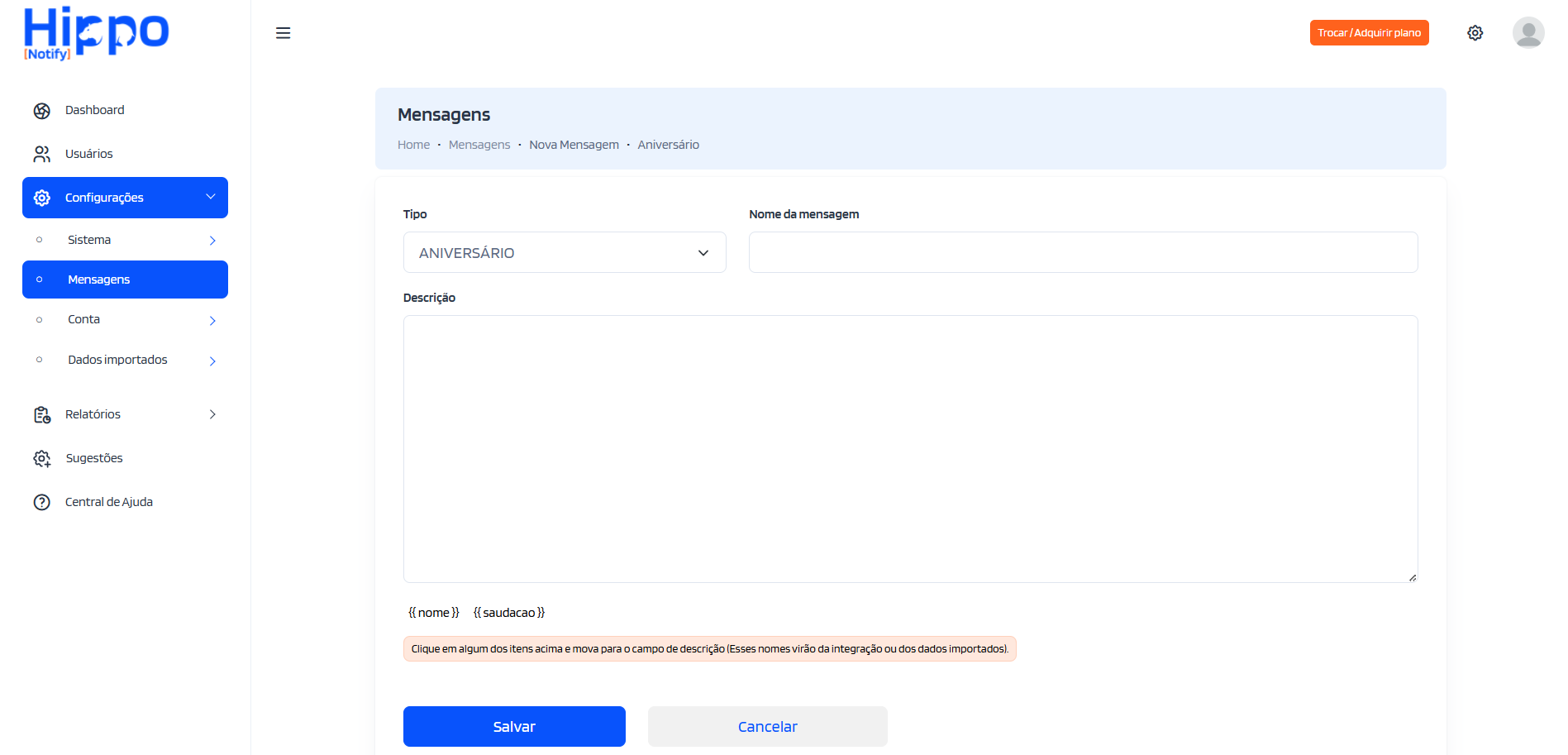 Tela de cadastro da mensagem de aniversário