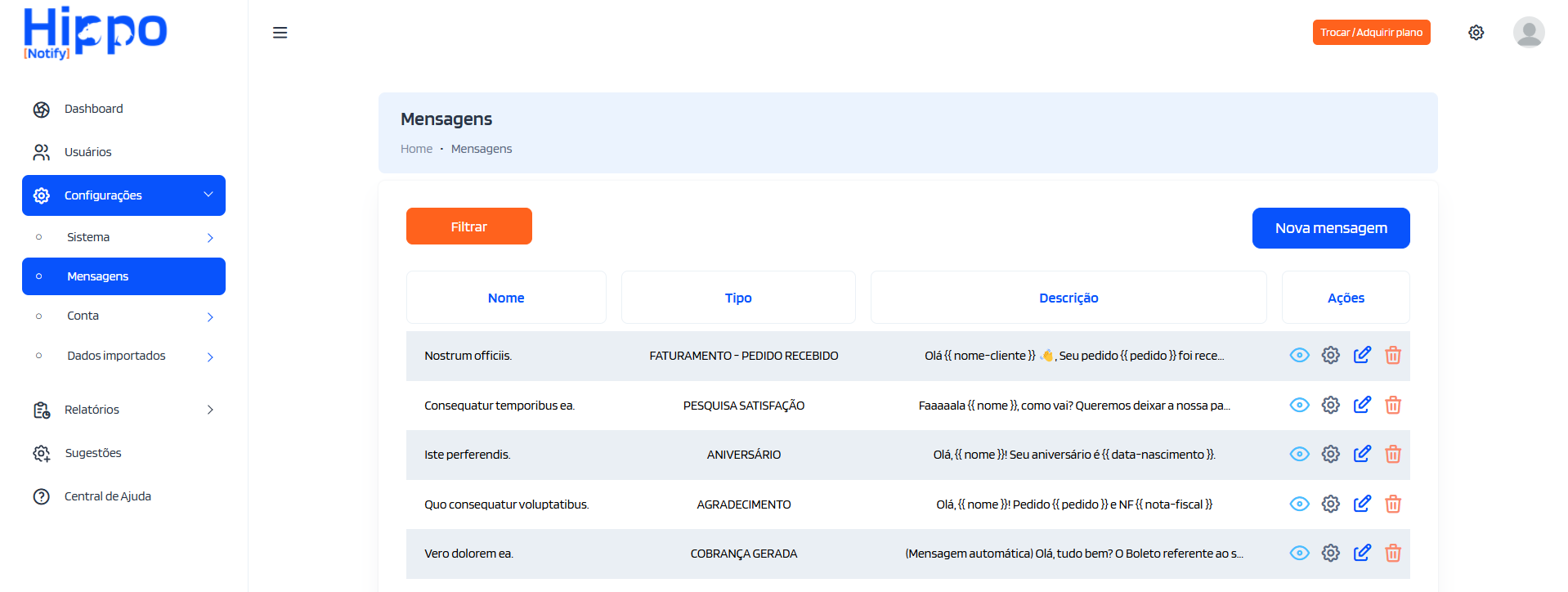Tela de relatório de mensagens