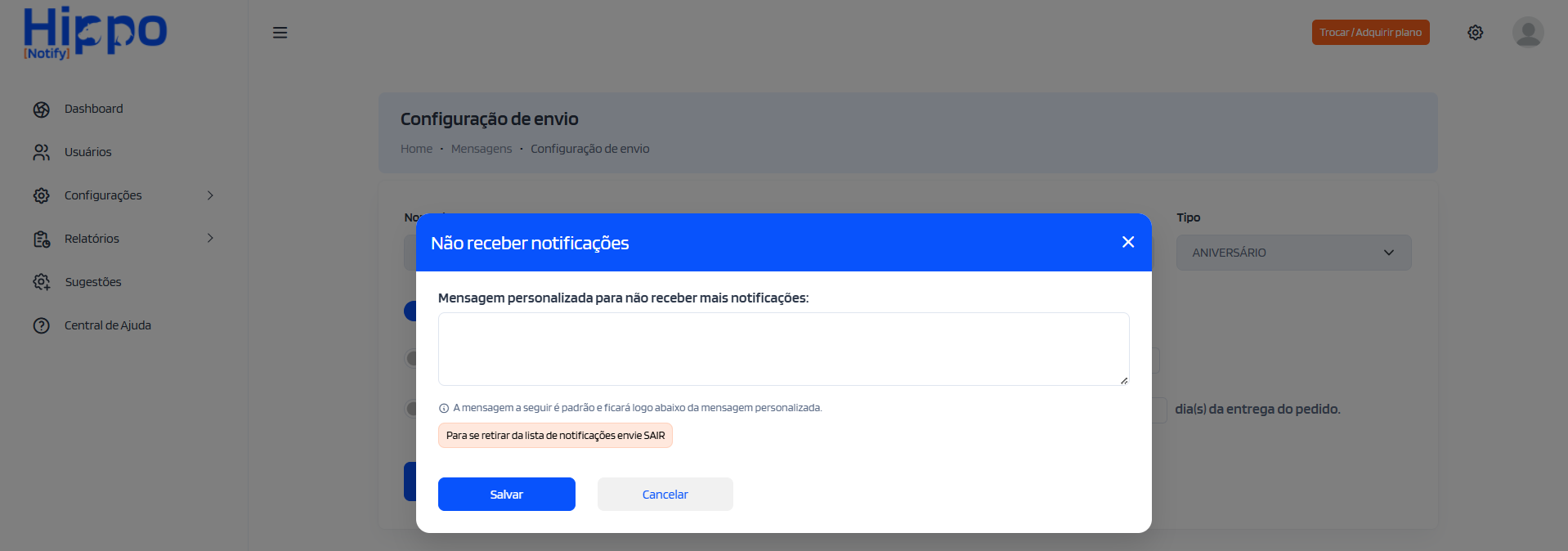 Janela para personalizar mensagem sair