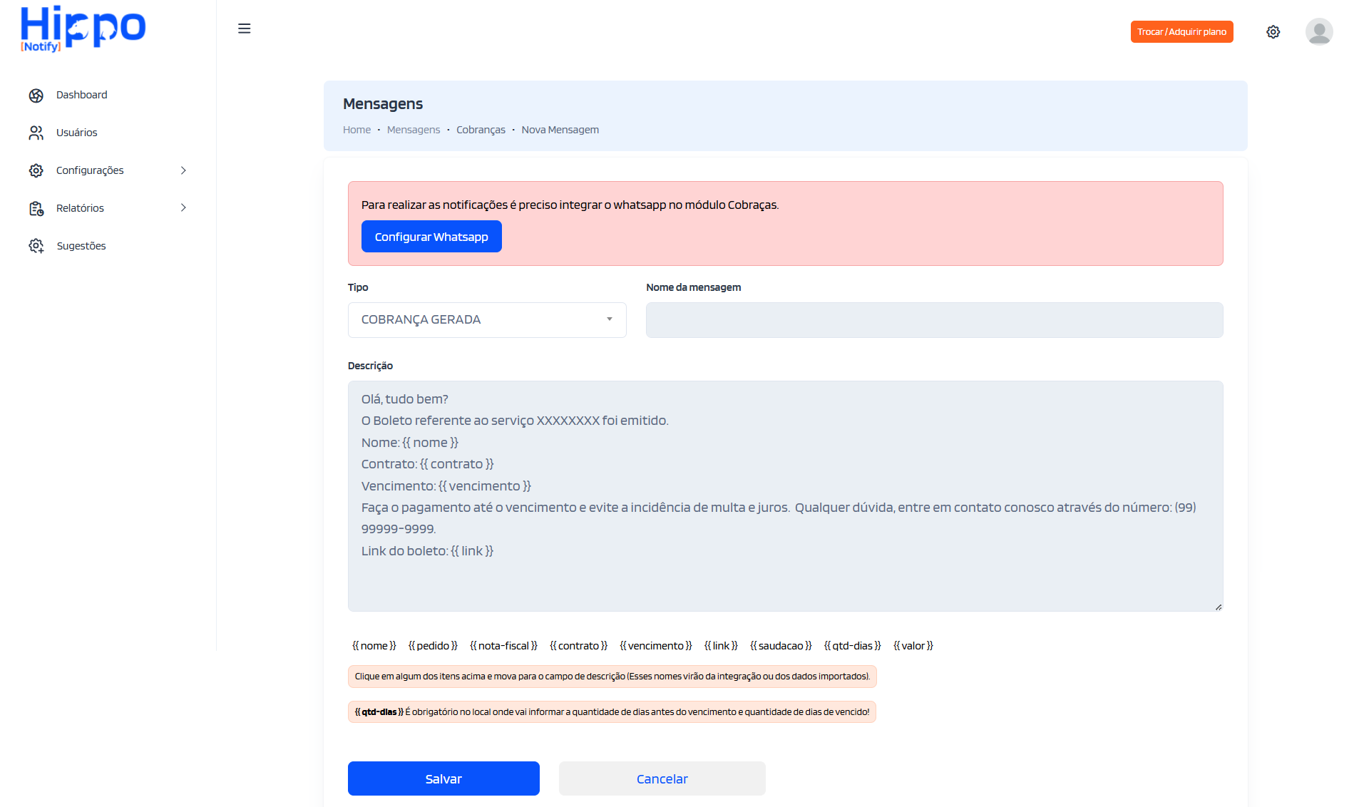 Página de cadastro da mensagem de cobranças com erro de integração com WhatsApp