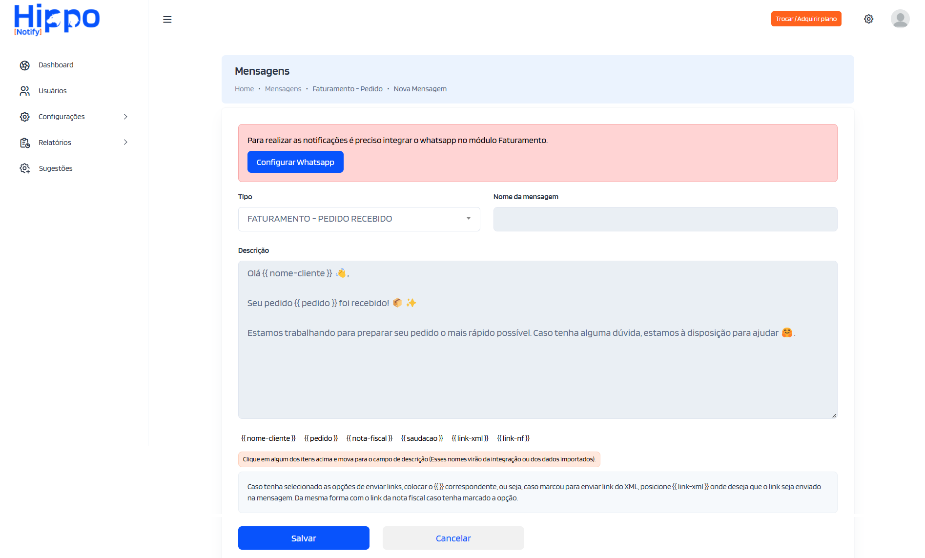 Página de cadastro de mensagem de faturamento com erro de integração com o WhatsApp