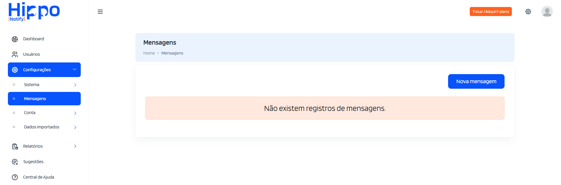 Tela da listagem de mensagens cadastradas