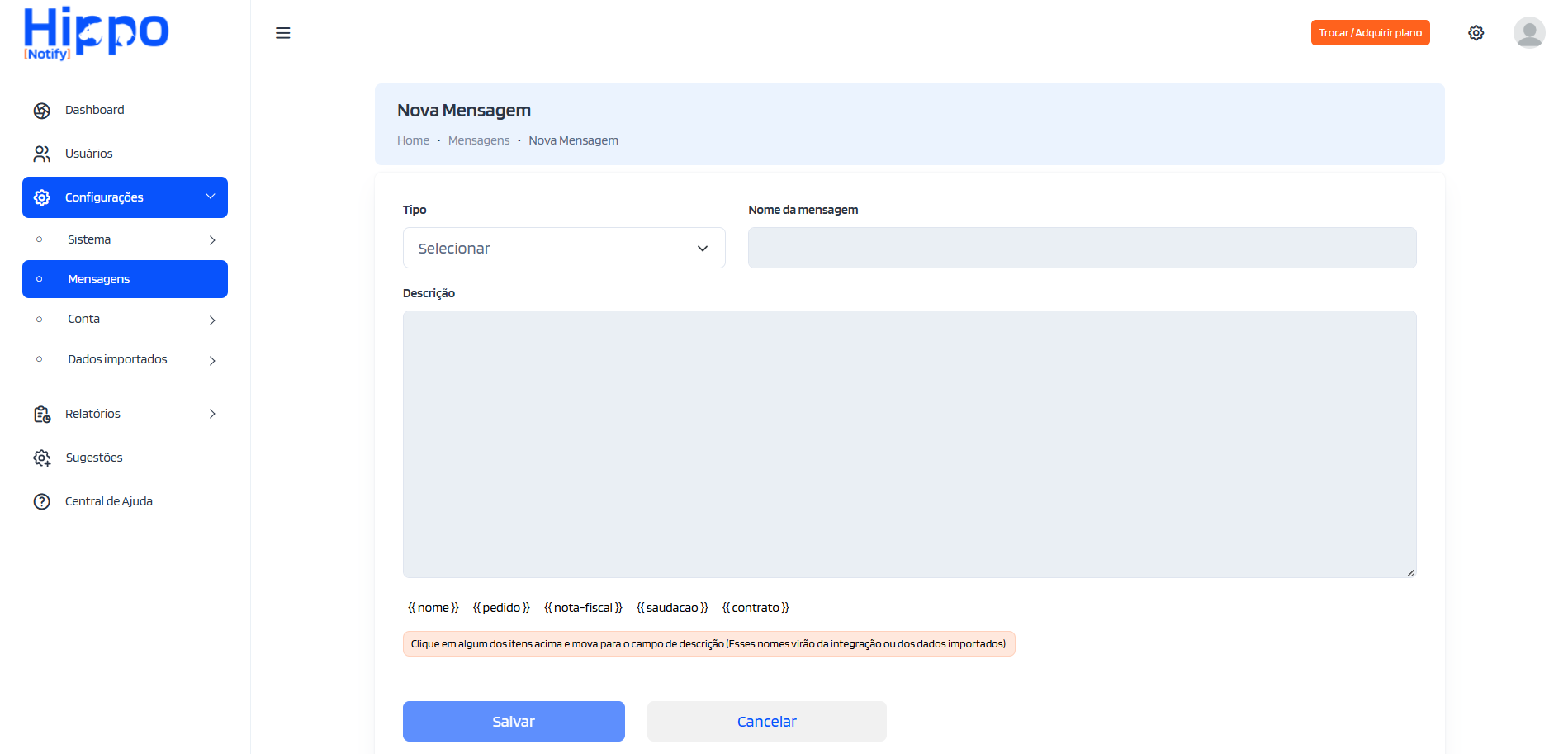 Tela para selecionar o tipo de nova mensagem