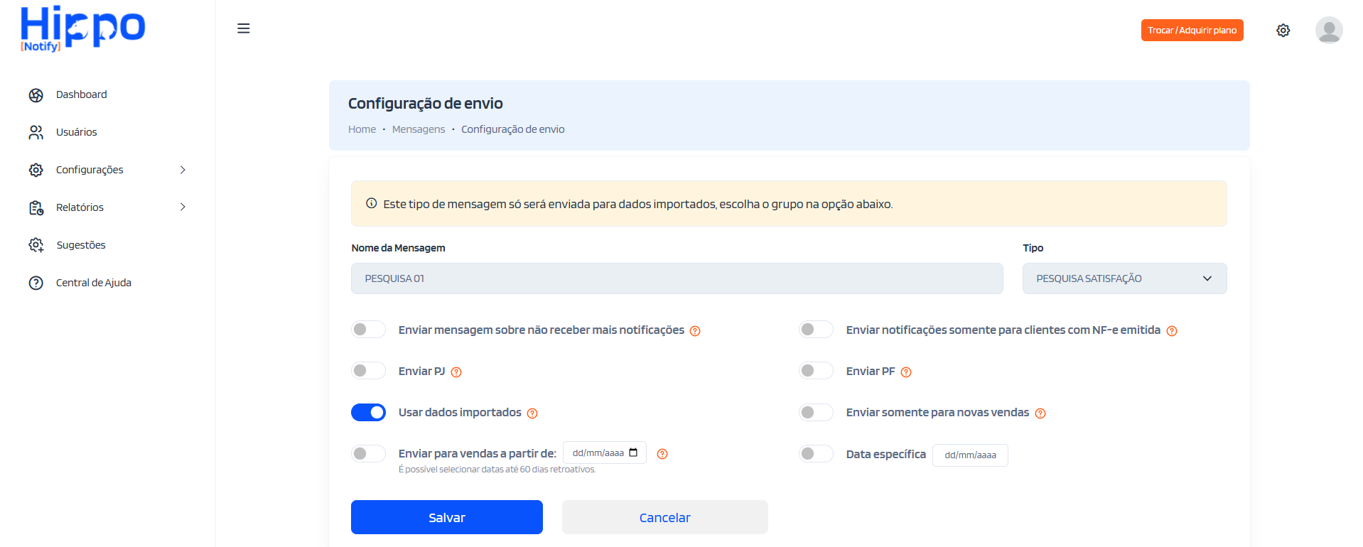 Página de configurações de envio da mensagem de pesquisa de satisfação