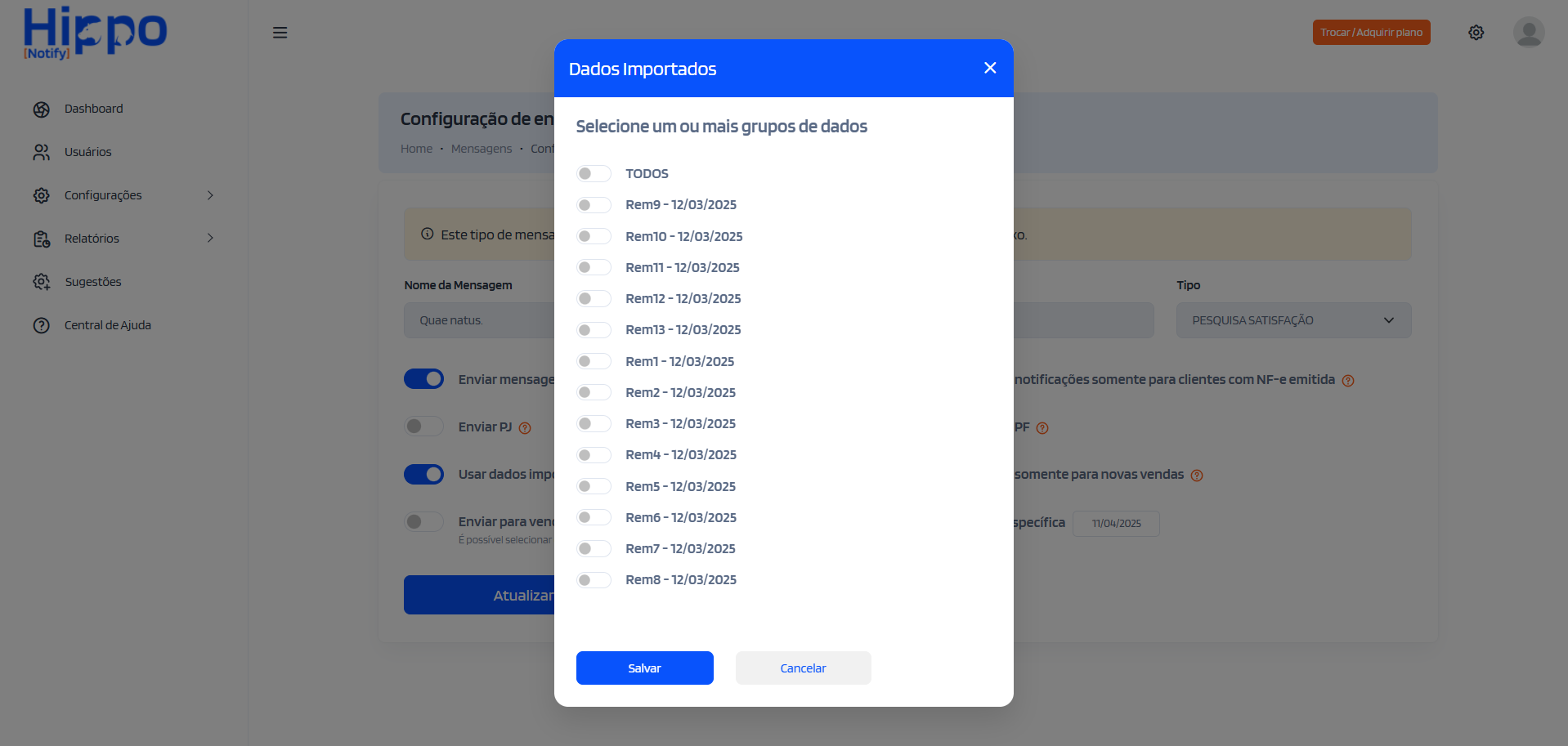 Janela para seleção de grupo(s) de dados importados