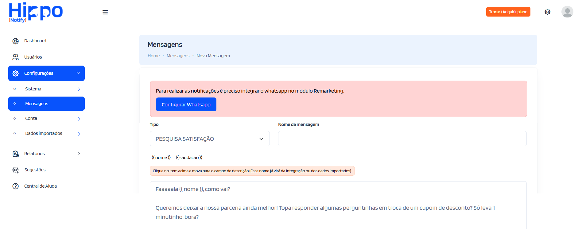 Página de cadastro da mensagem de pesquisa de satisfação com erro relacionado à integração com o WhatsApp