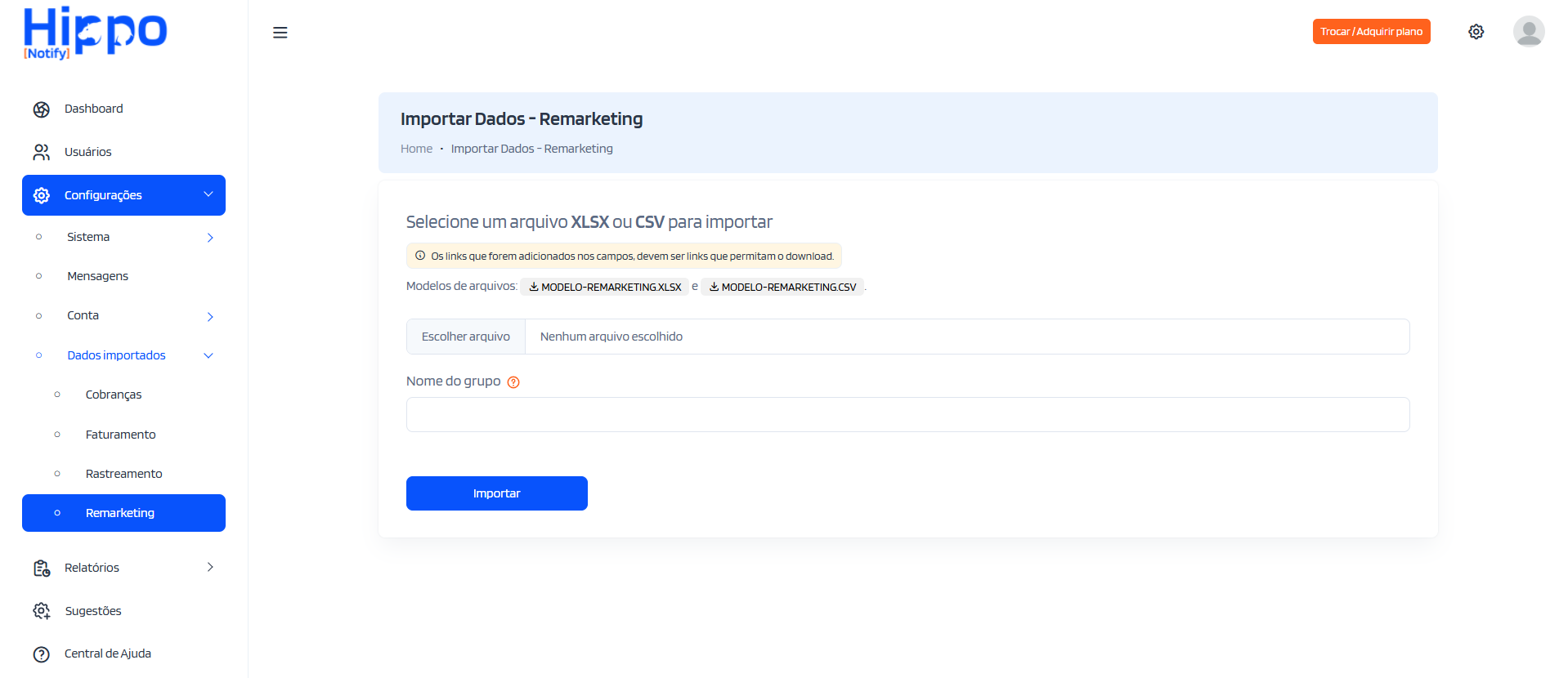Página para cadastro de grupos e importação de dados