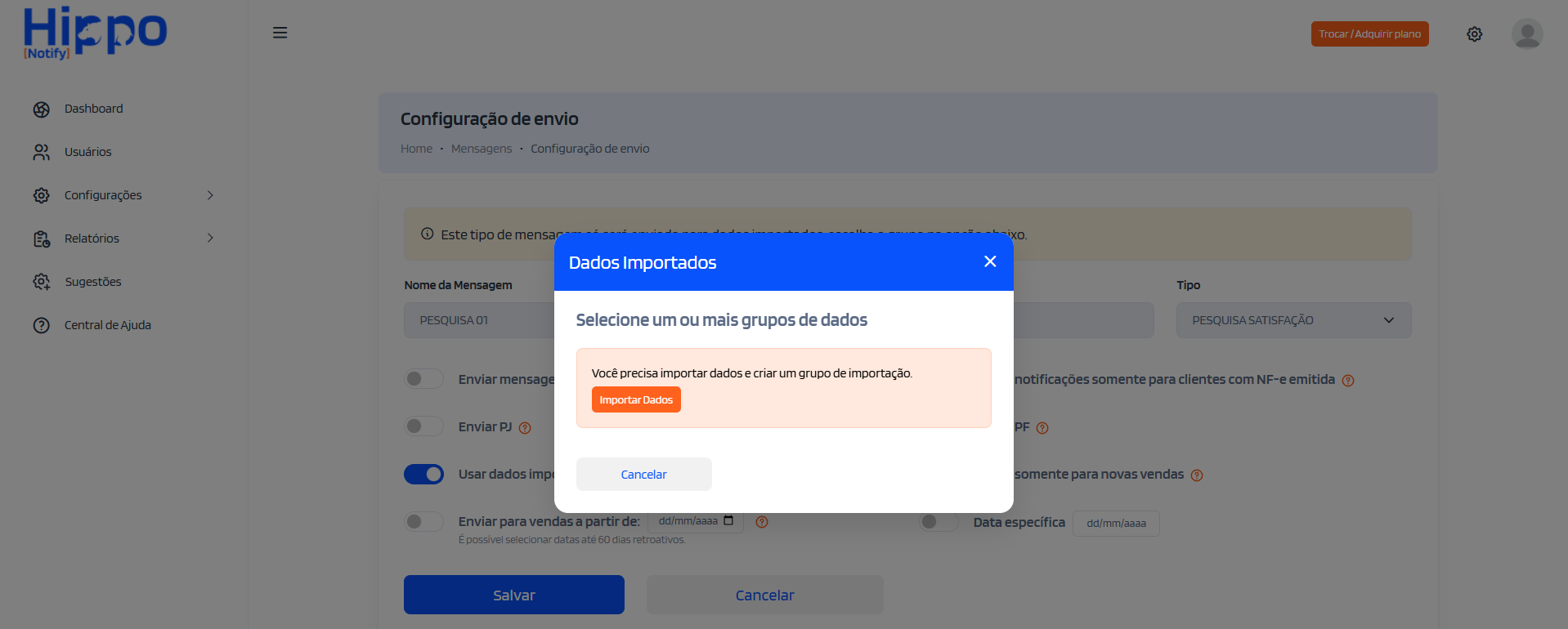 Janela com solicitação para importar dados