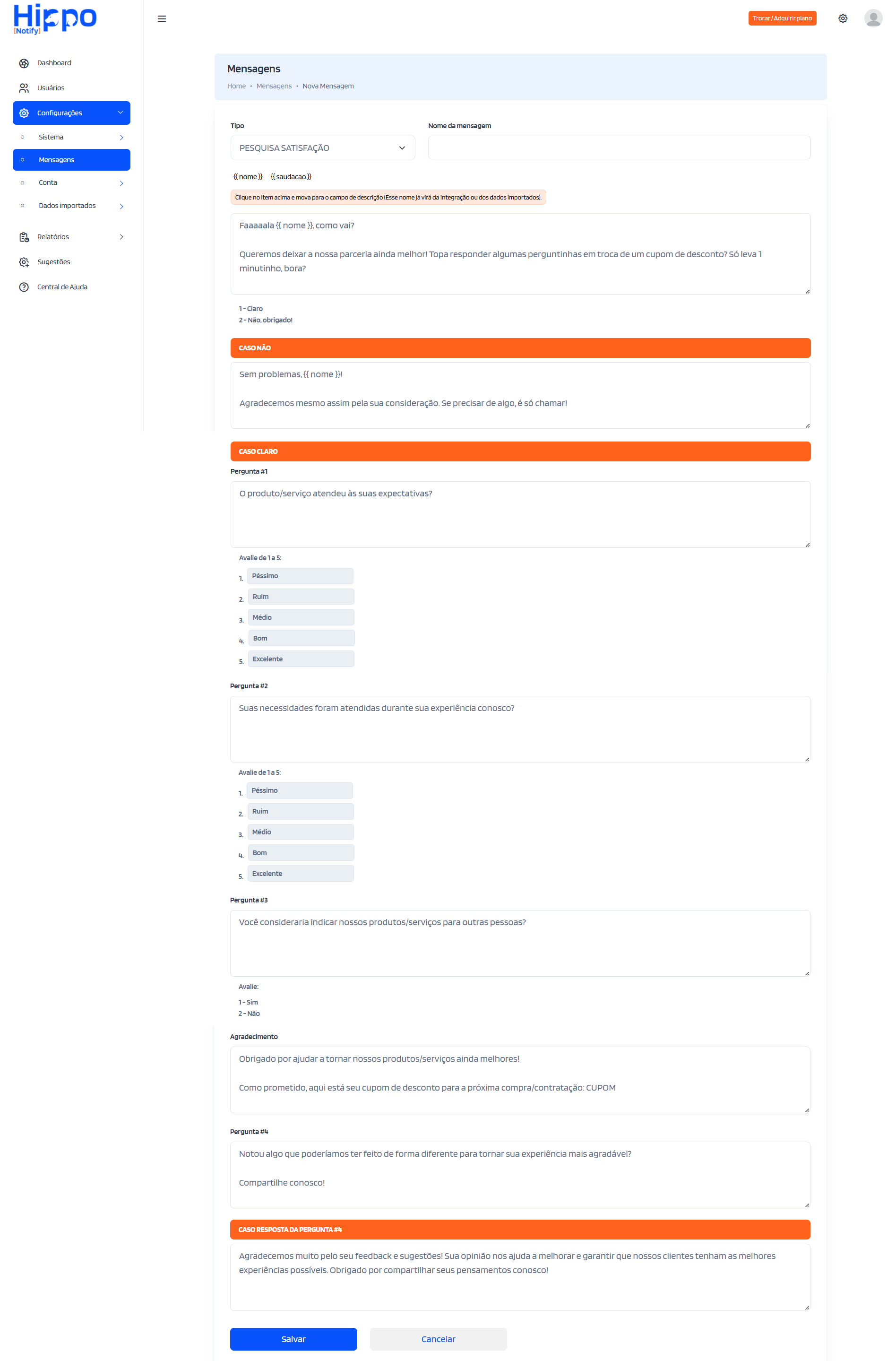 Página de cadastro da mensagem de pesquisa de satisfação