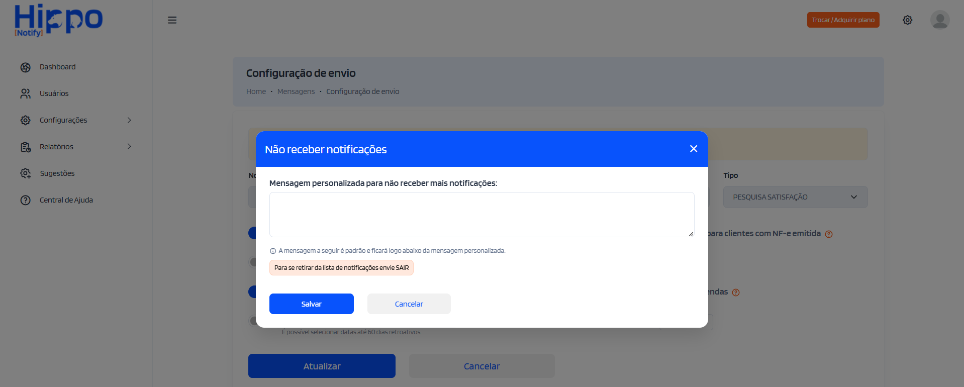 Janela para personalização da mensagem de saída da lista de notificações