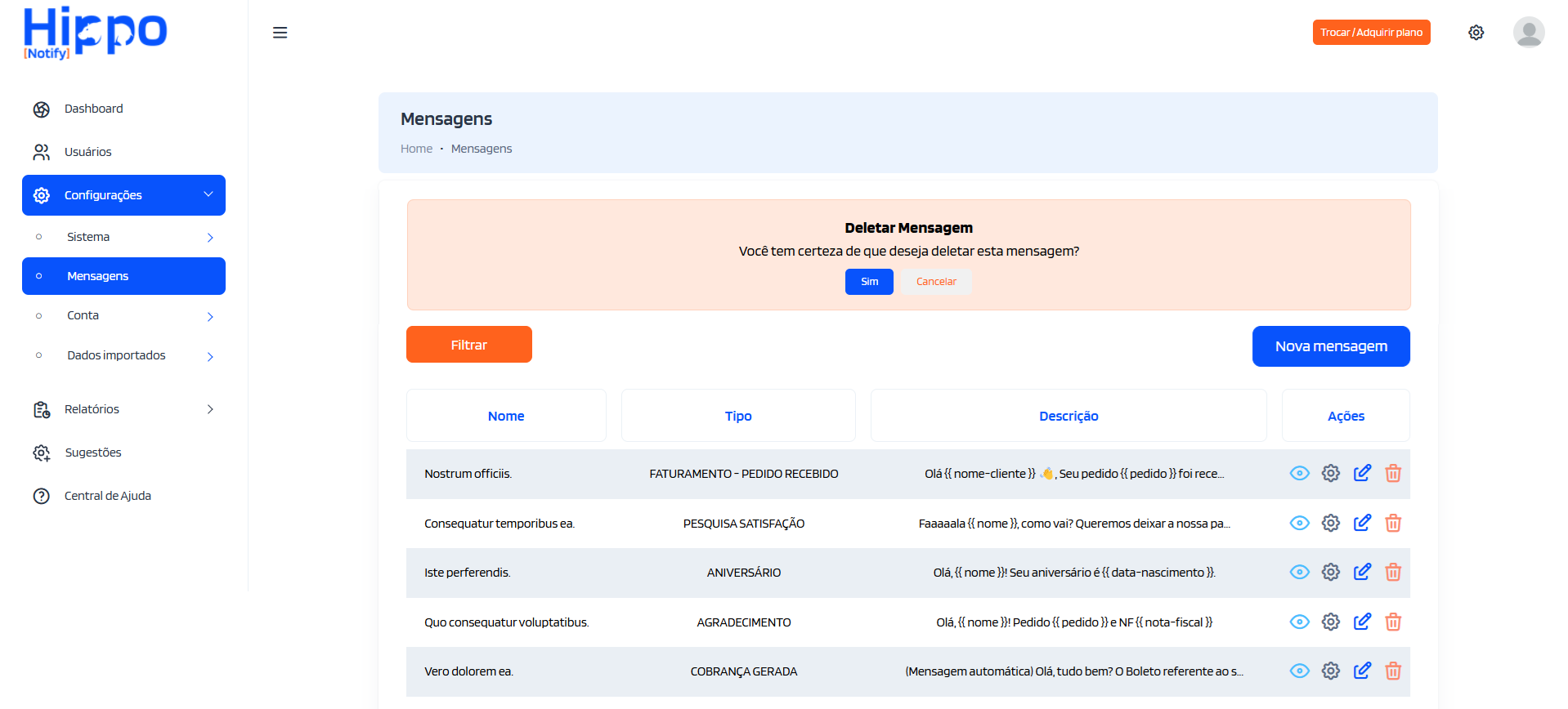 Confirmação de exclusão de mensagem