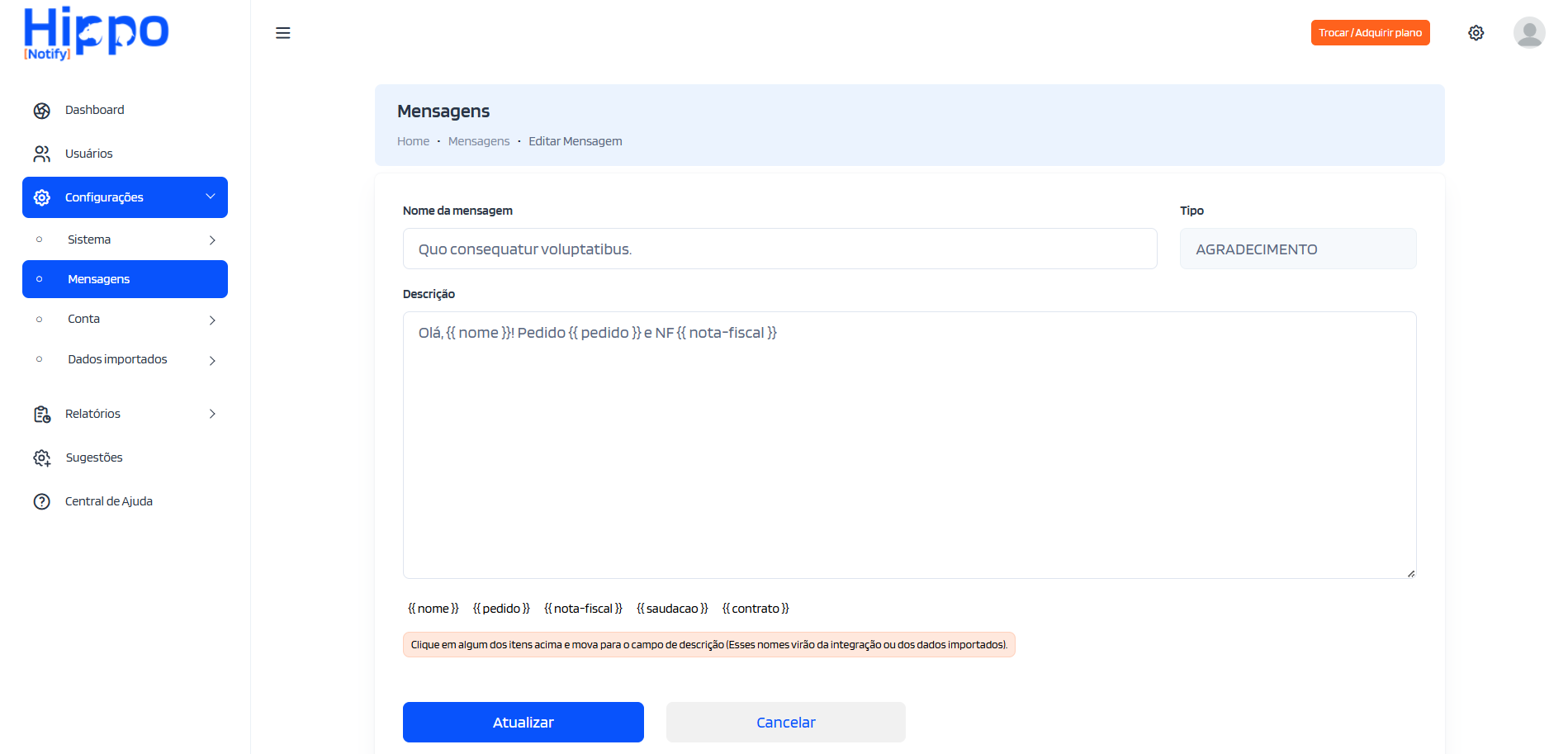 Edição da mensagem Agradecimento