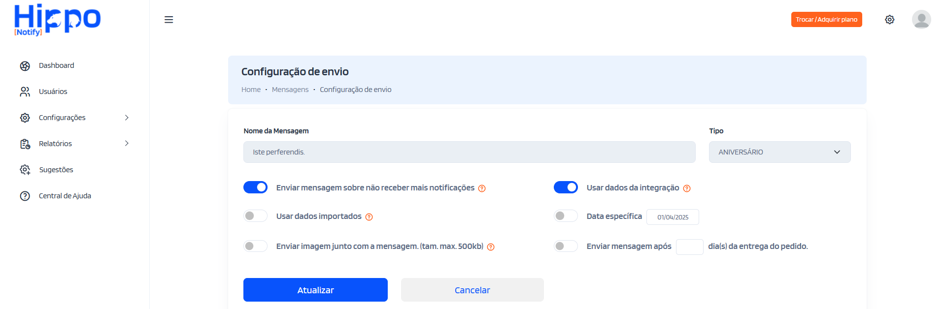 Configuração de envio da mensagem Aniversário