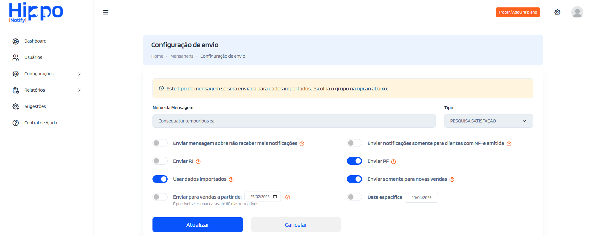 Configuração de envio da mensagem Pesquisa Satisfação