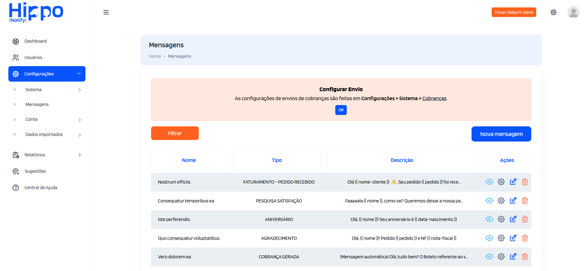 Aviso de configuração via módulo Cobranças