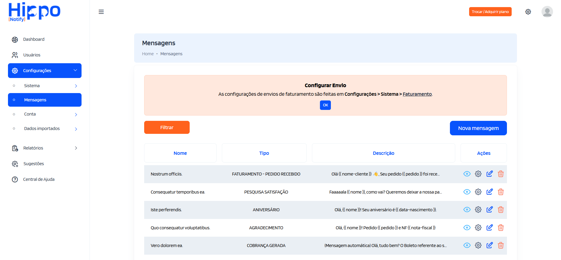 Aviso de configuração via módulo Faturamento