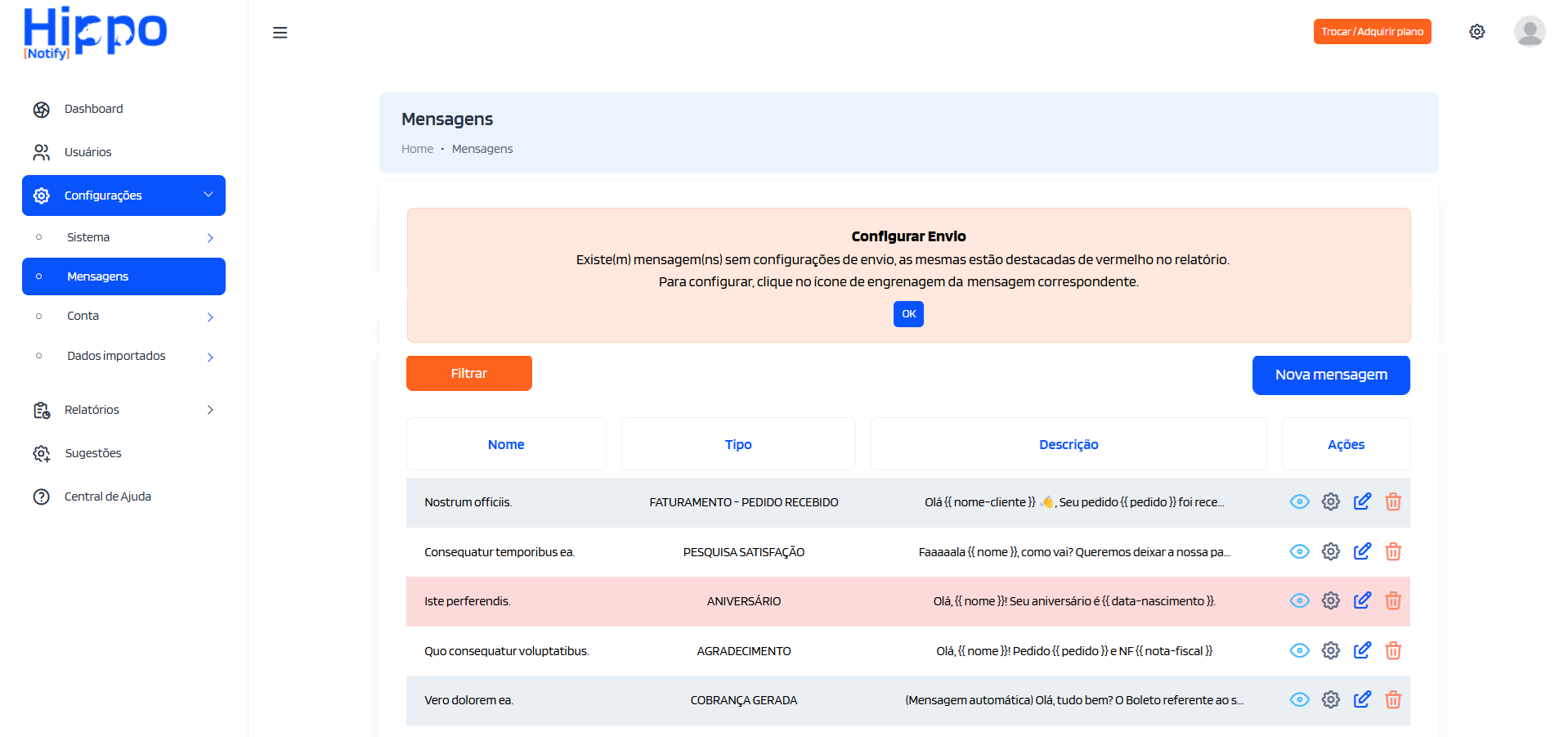 Relatório com destaque de mensagens sem configuração de envio