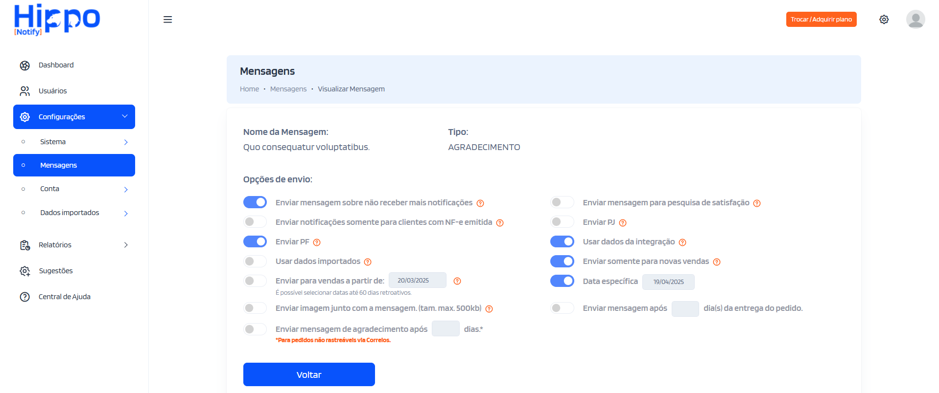 Visualização da mensagem Agradecimento