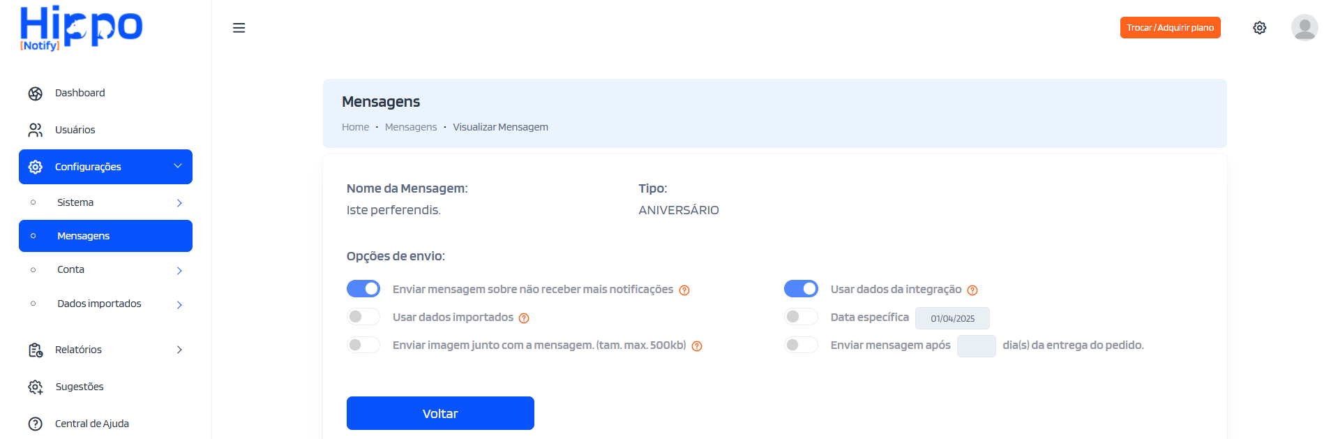 Visualização da mensagem Aniversário