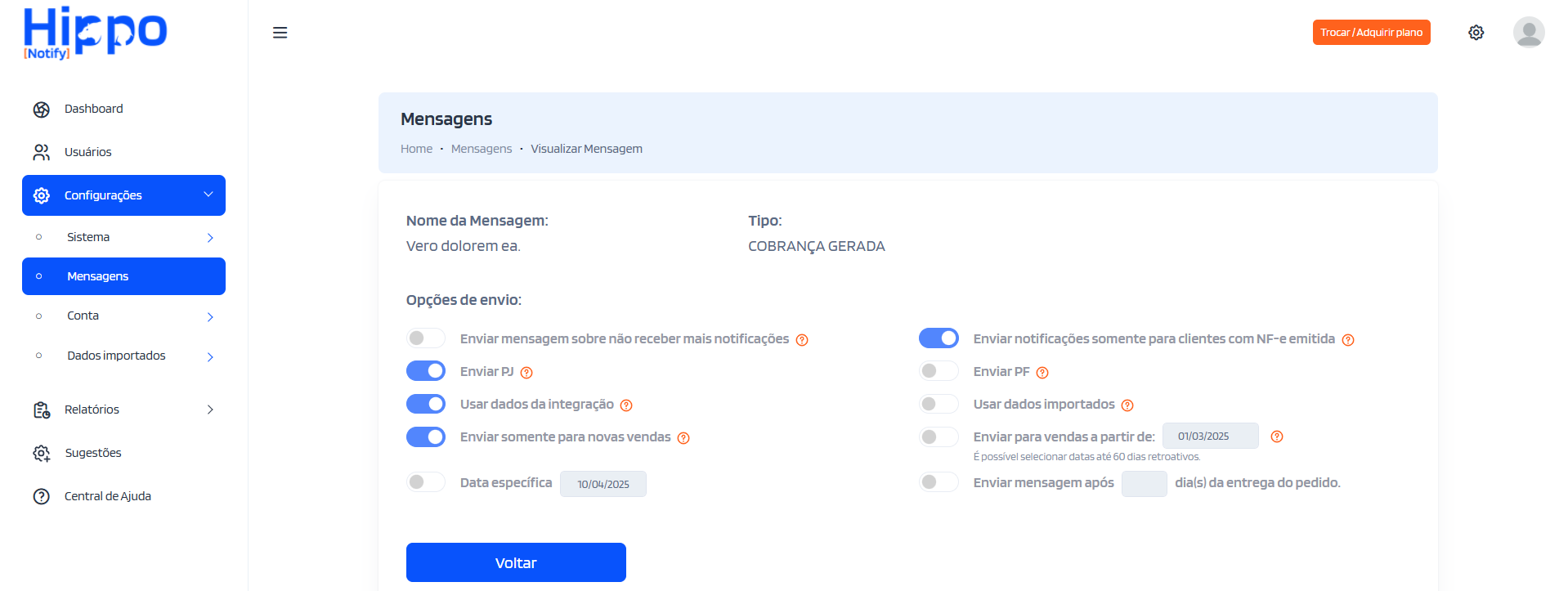 Visualização da mensagem Cobranças