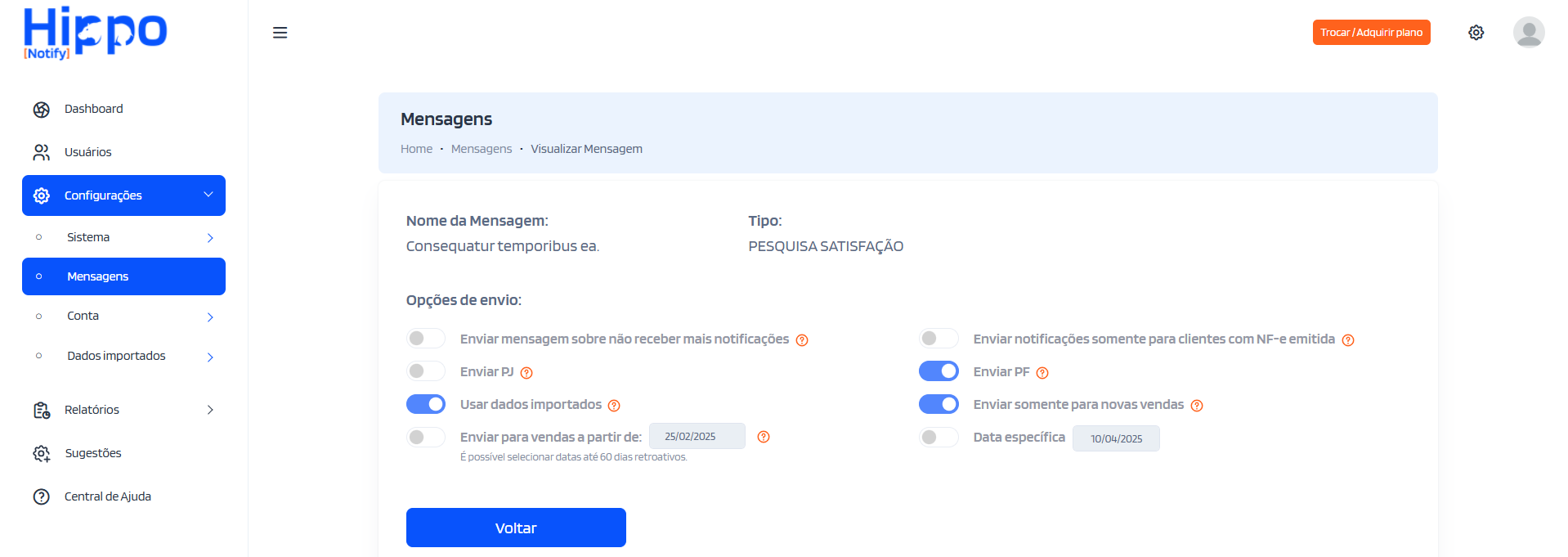 Visualização da mensagem Pesquisa Satisfação