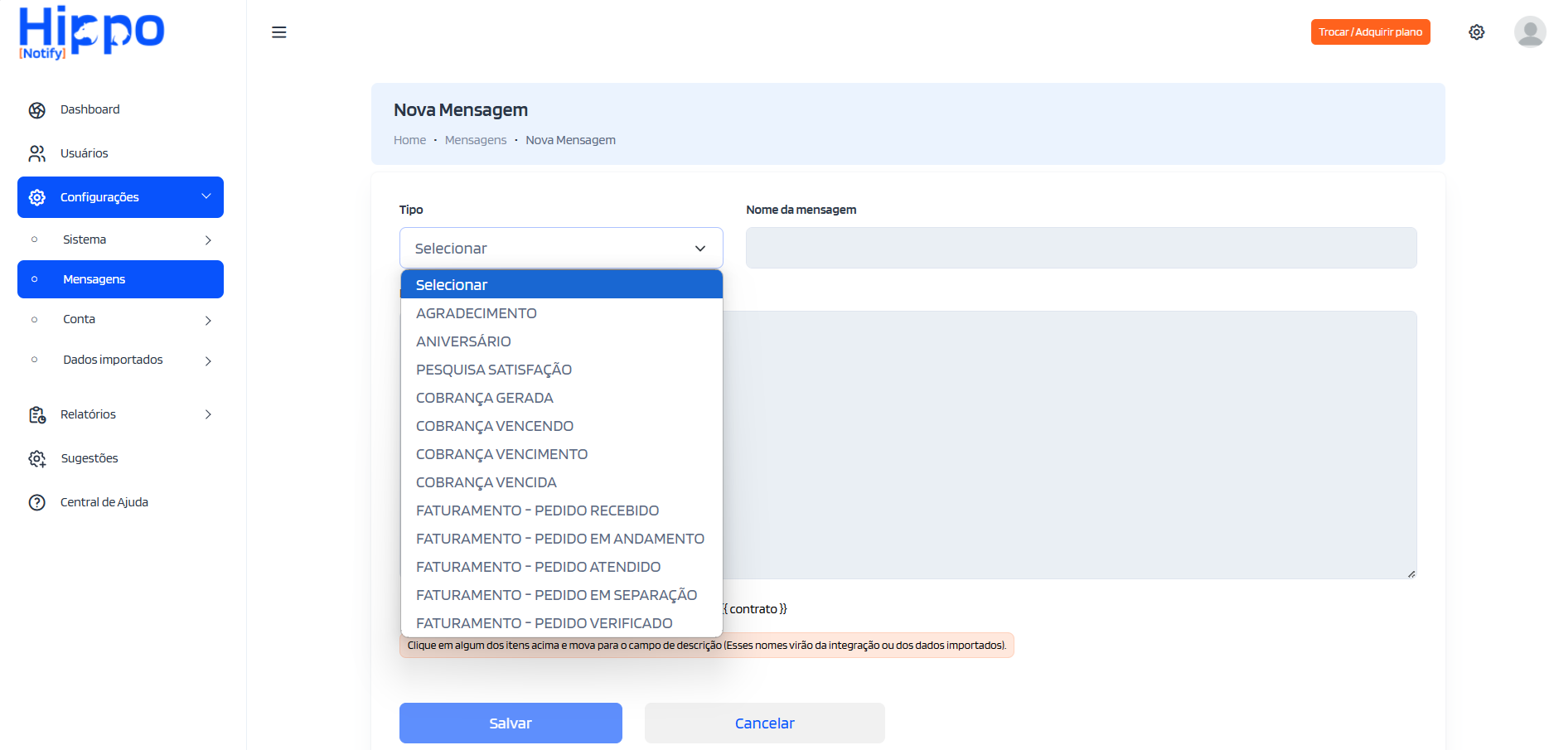 Lista com os tipos de mensagens disponíveis para cadastro