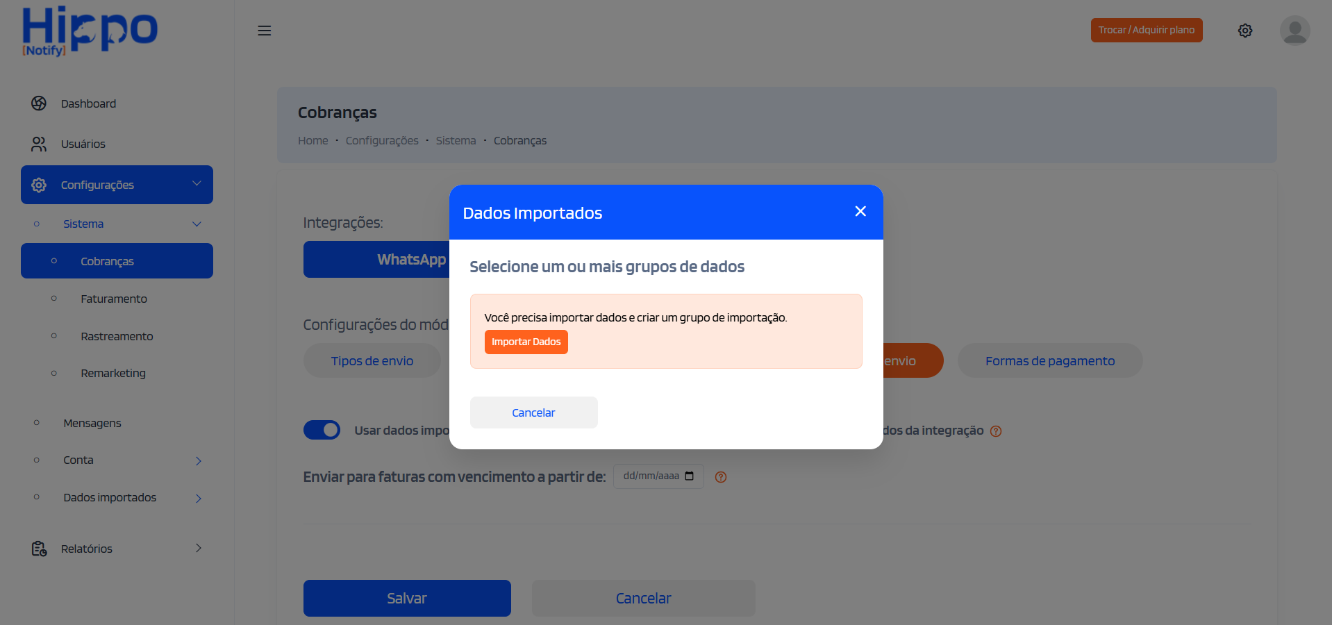 Janela de configurar novos dados importados para notificações