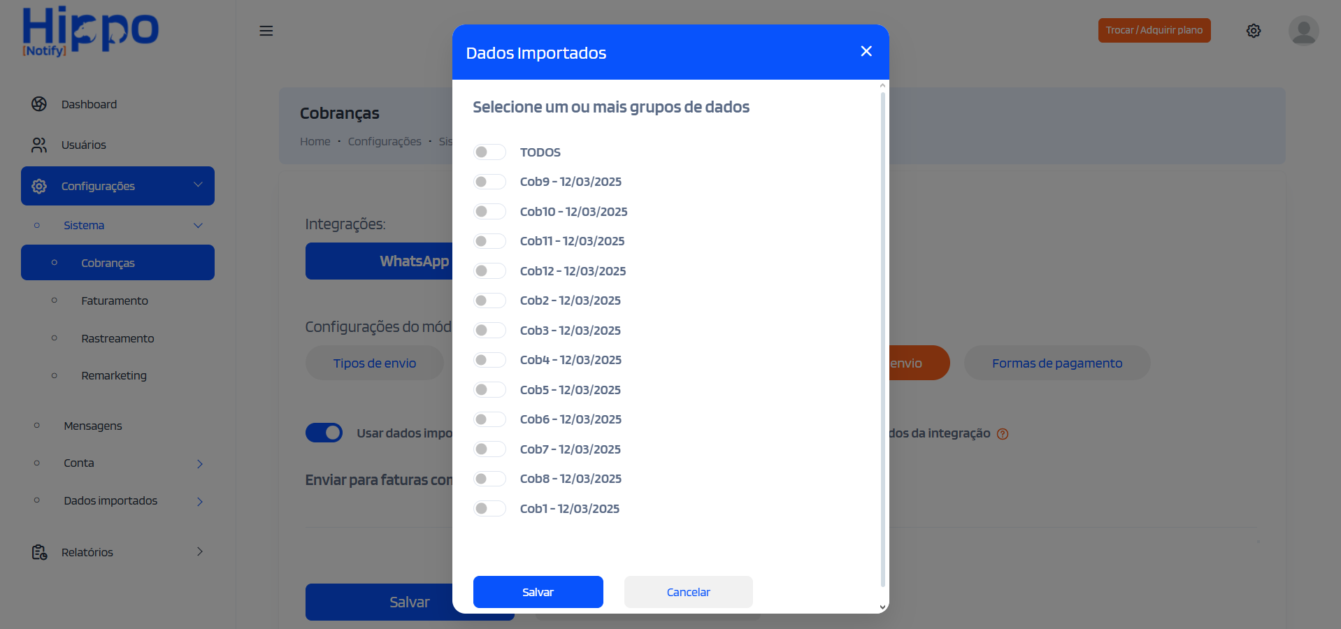 Janela de configurar os dados importados para notificações