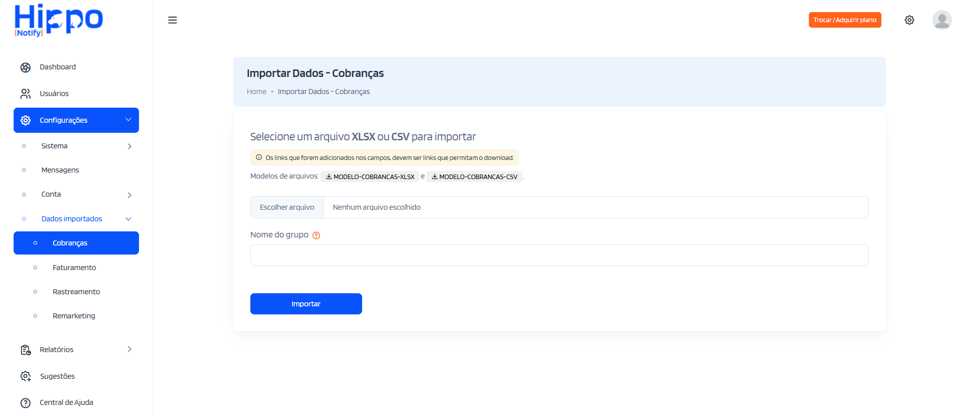 Tela para importar arquivos de dados