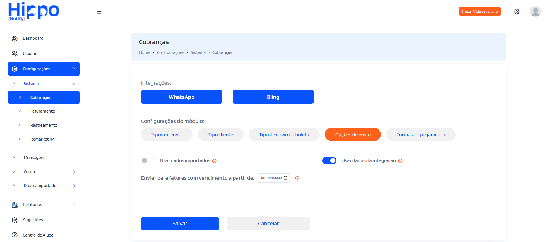 Tela das opções de envio