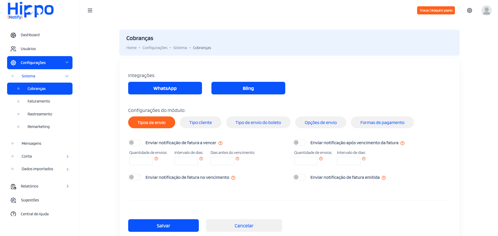 Tela inicial configurações módulo Cobranças
