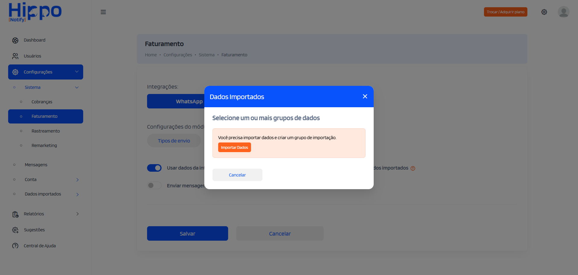 Janela de configurar novos dados importados para notificações