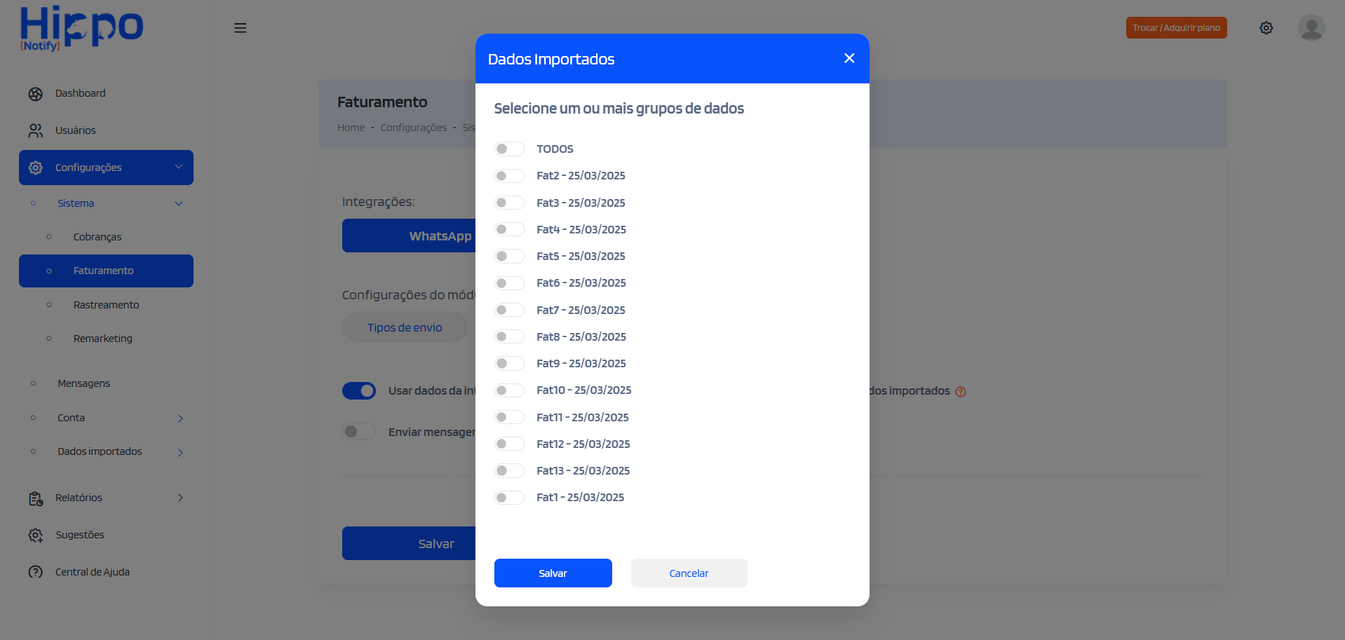 Janela de configurar os dados importados para notificações